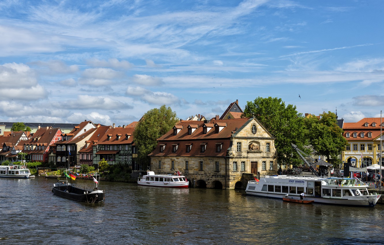 Wallpaper the sky, clouds, trees, river, home, ships, Germany, Bamberg image for desktop, section город