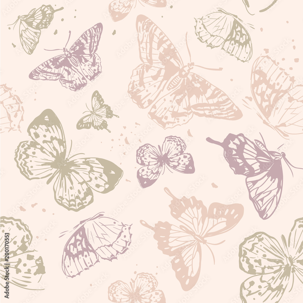 Seamless pattern. Delicate pastel pattern with butterflies. Printing with in hand drawn style. Background for textile, manufacturing, book covers, wallpaper, print or gift wrap. Stock Vector
