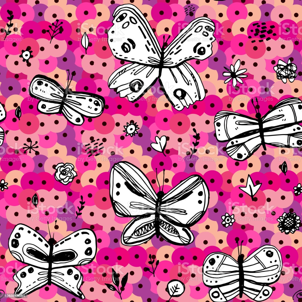 Seamless Pattern Butterflies Leaves Flowers Sequins Sketch Drawing Doodle Scandinavian Style Background Grunge Nursery Decor Gift Wrap Fabrics Wallpaper Black White Pink Purple Violet Vector Stock Illustration Image Now