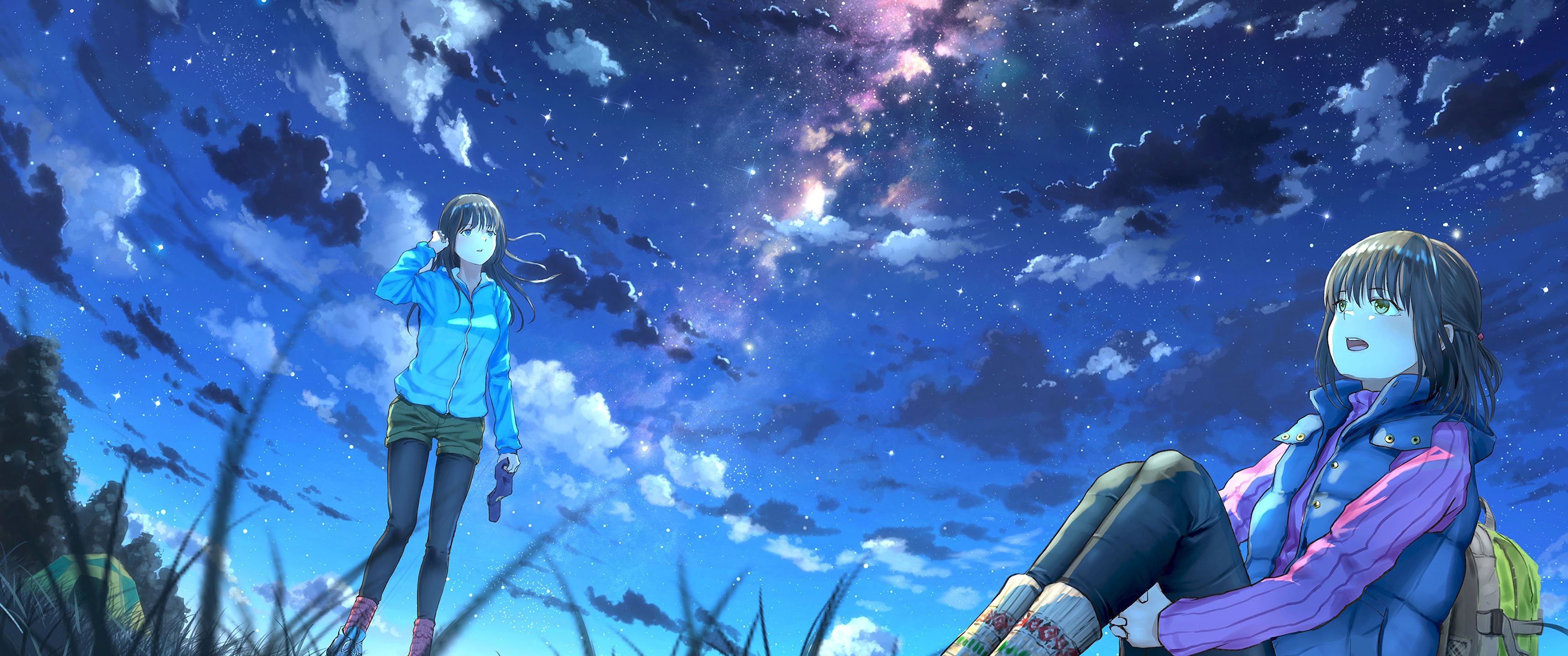 Anime Girls Night Sky Scenery Clouds Stars 4K Wallpaper