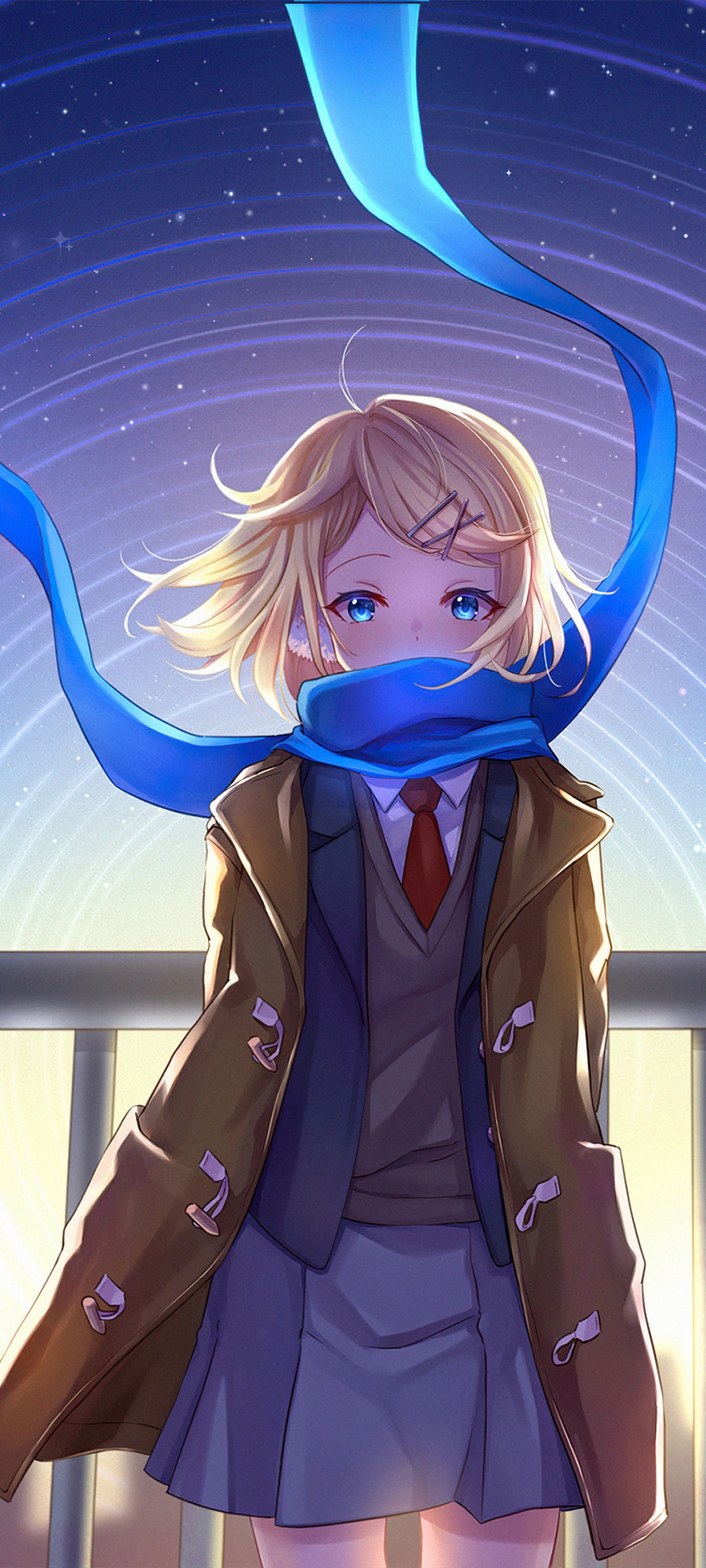 Anime girl Wallpaper 4K, School uniform, Star trail, Scarf, Fantasy
