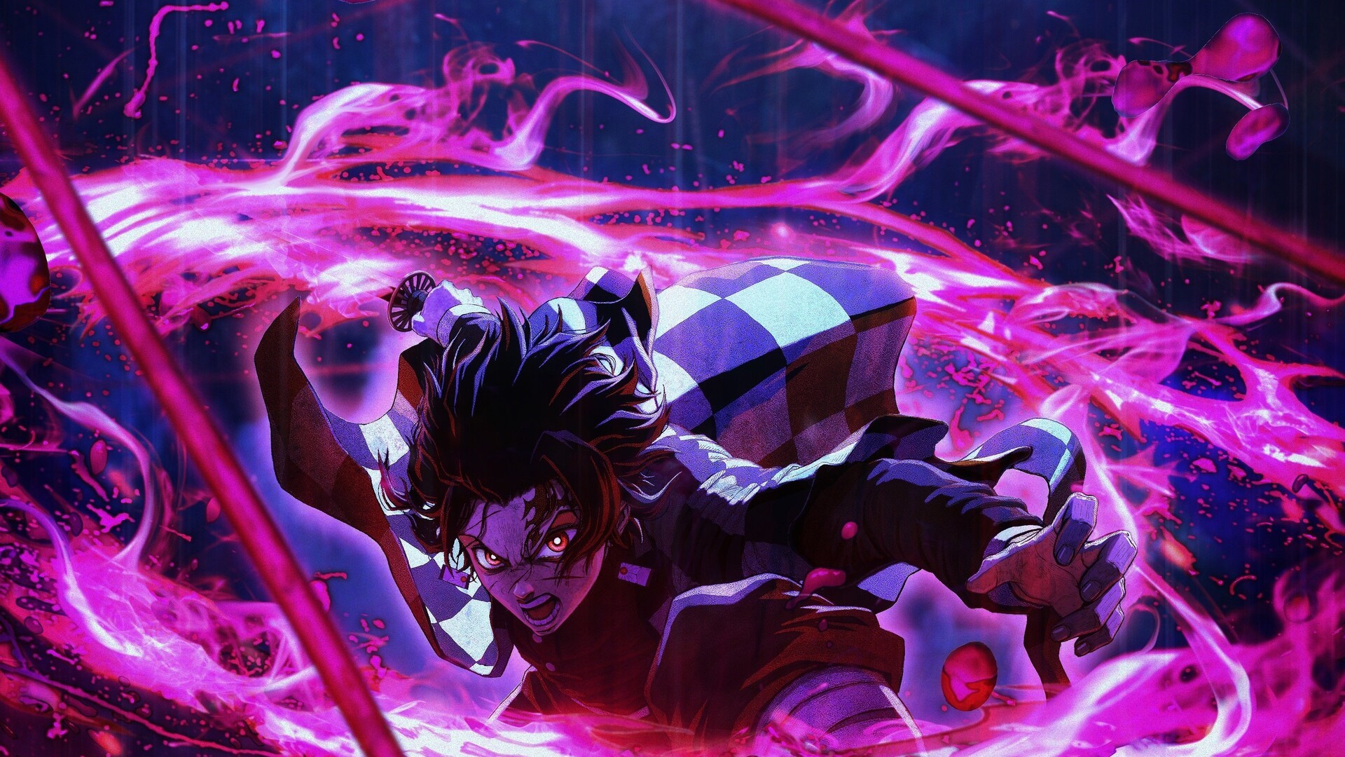 Demon Slayer Tanjiro Kamado Around Purple Lightning With Black Background HD Anime Wallpaper