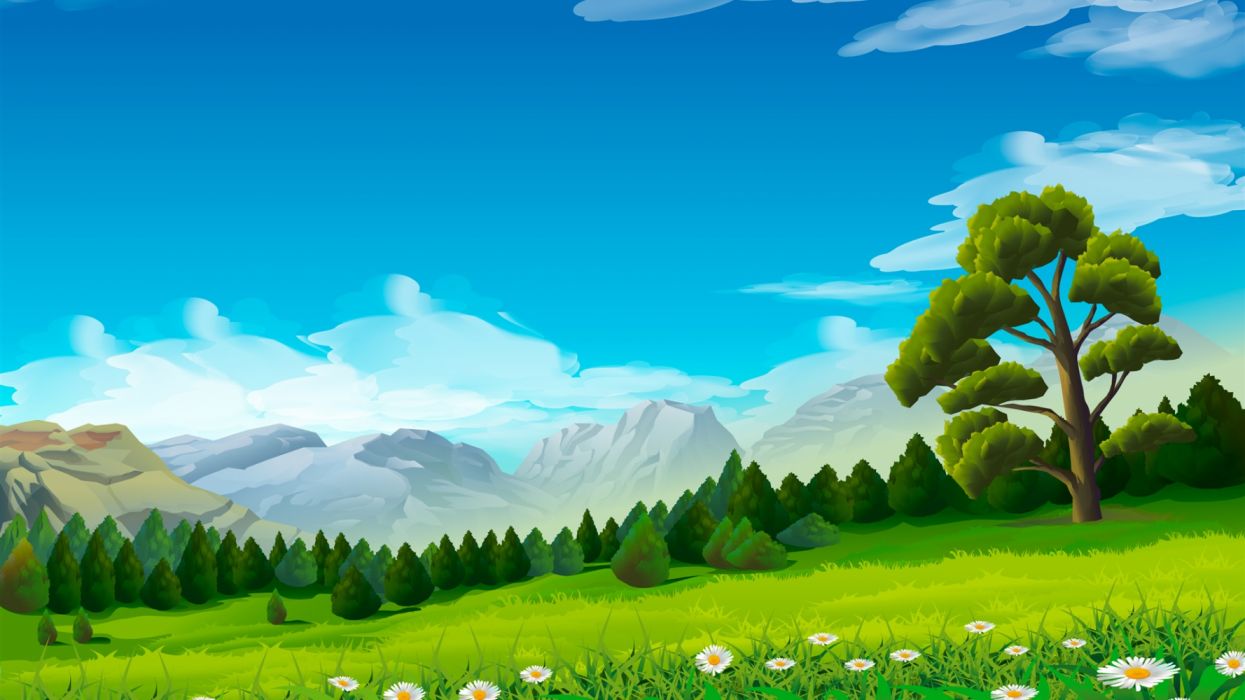 Trees chamomile grass mountains vector wallpaperx1080