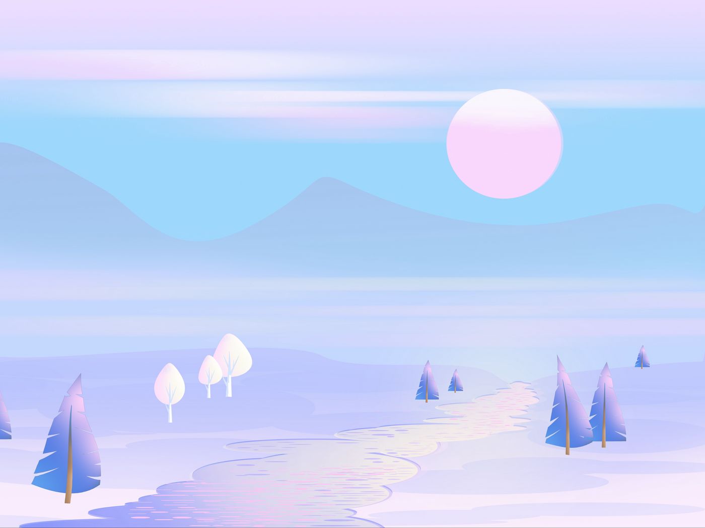 Download wallpaper 1400x1050 sun, mountains, vector, art, trees, landscape, pastel standard 4:3 HD background