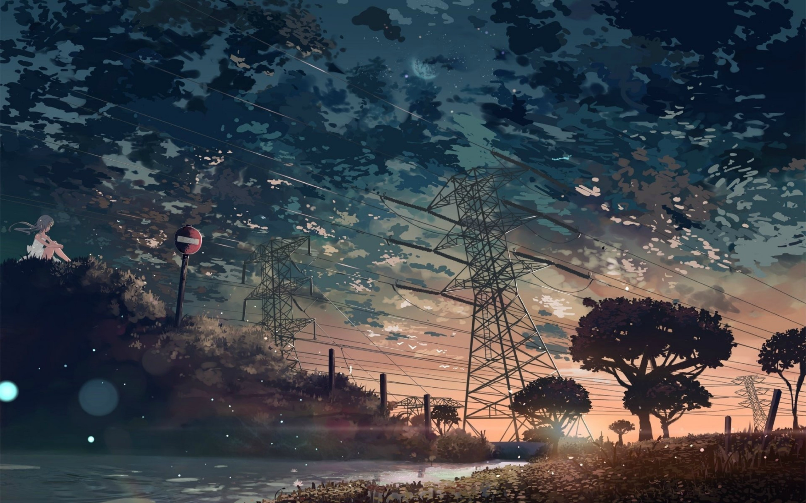 Download 2560x1600 Anime Landscape, Night, Scenic, Clouds, Trees Wallpaper for MacBook Pro 13 inch