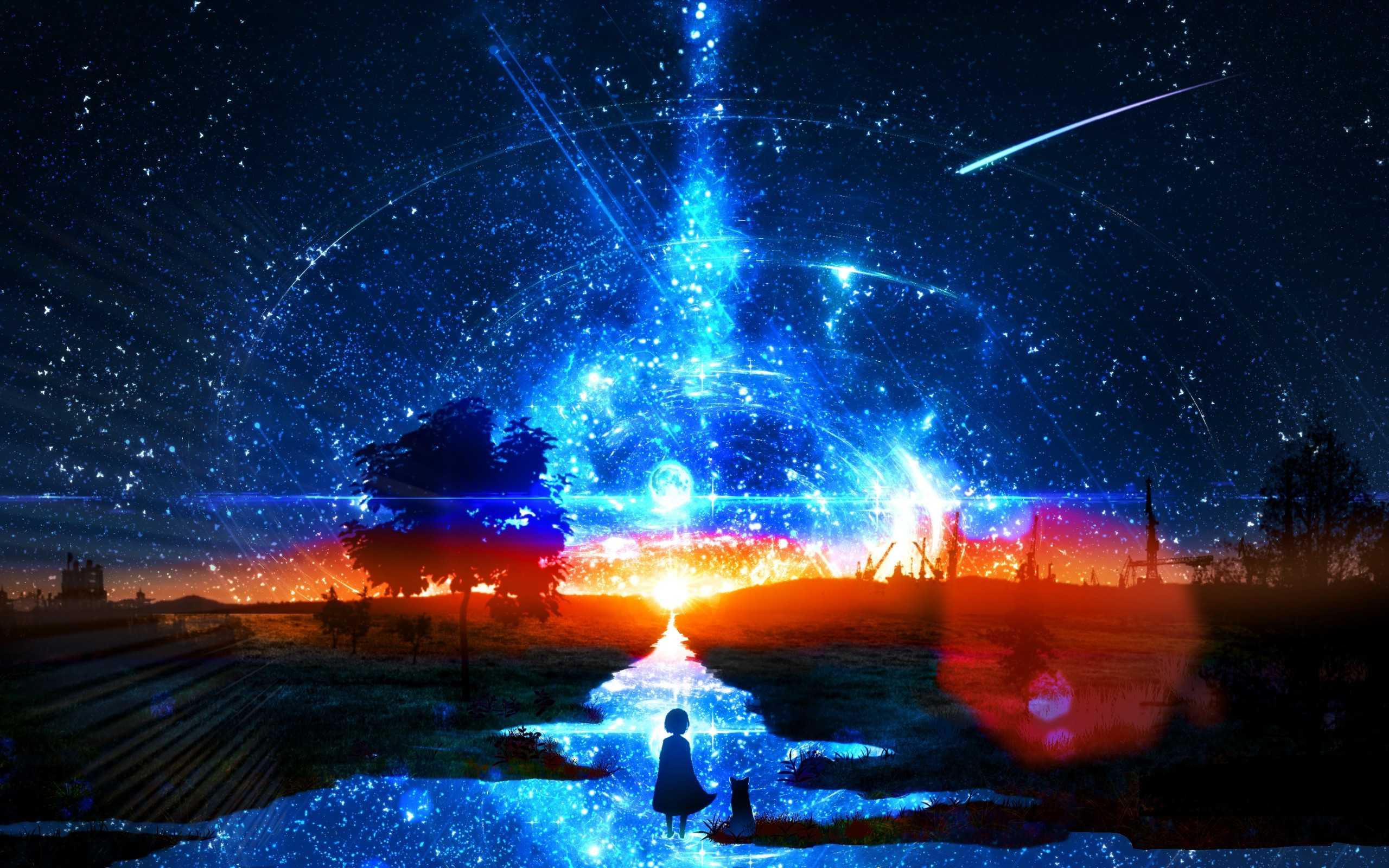 Download 2560x1600 Anime Landscape, Shooting Stars, Comet, Anime Girl, Cat, Scenery, Night Wallpaper for MacBook Pro 13 inch