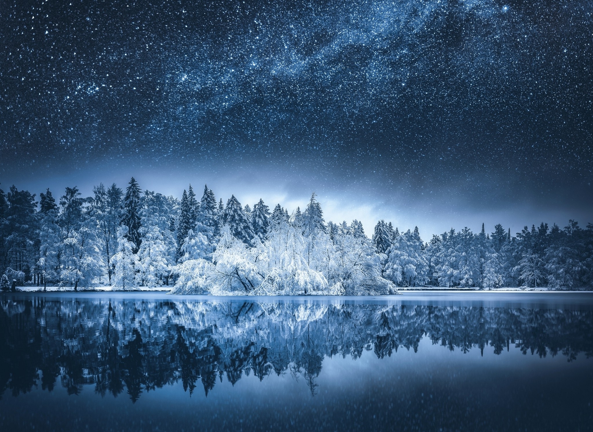 Wallpaper Trees, Lake, Night, Winter, Reflection, Milky Way, Snow:2048x1494