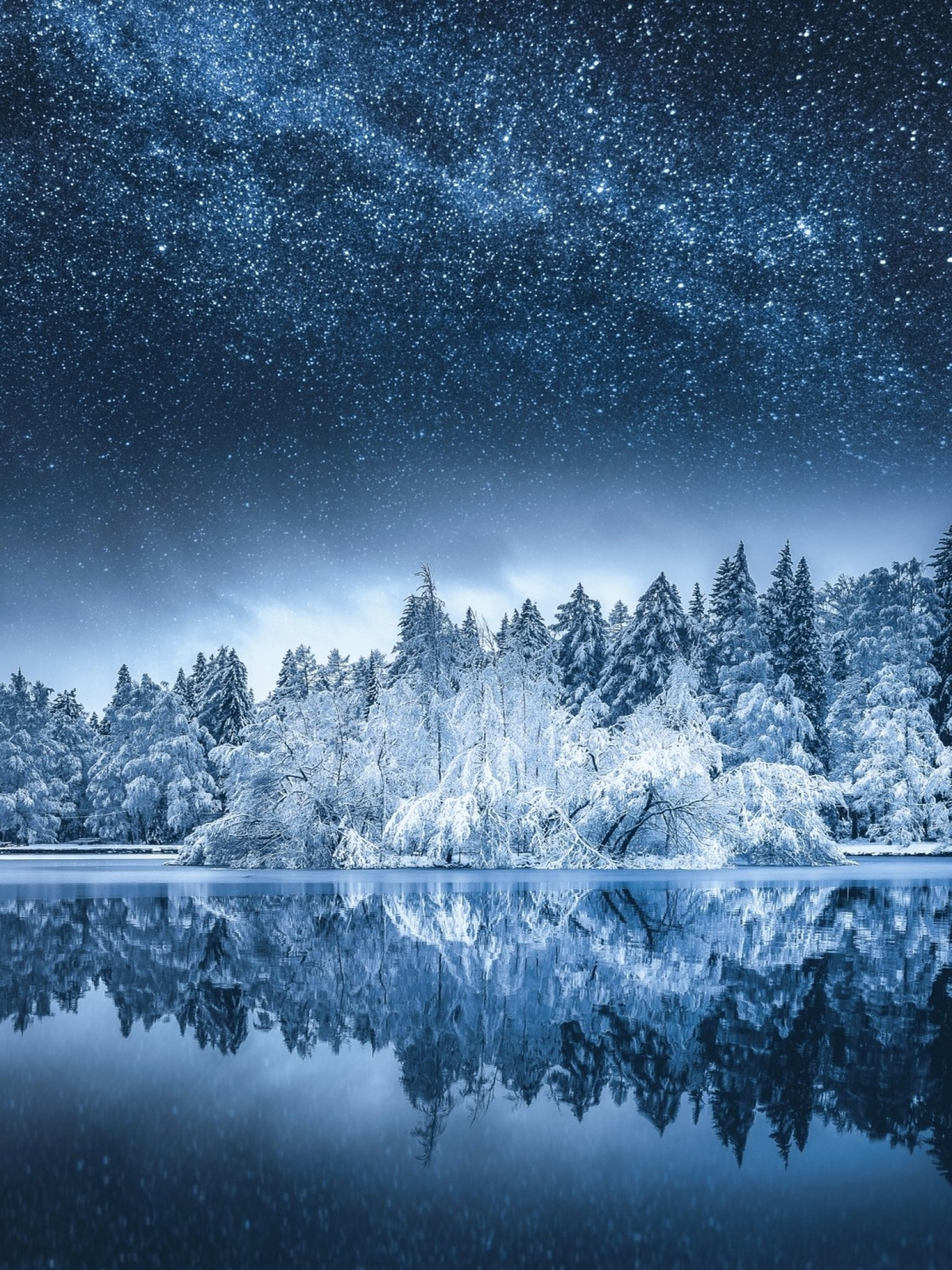 Download 1536x2048 Milky Way, Reflection, Lake, Snow, Trees, Winter, Night Wallpaper for Apple iPad Mini, Apple IPad 4