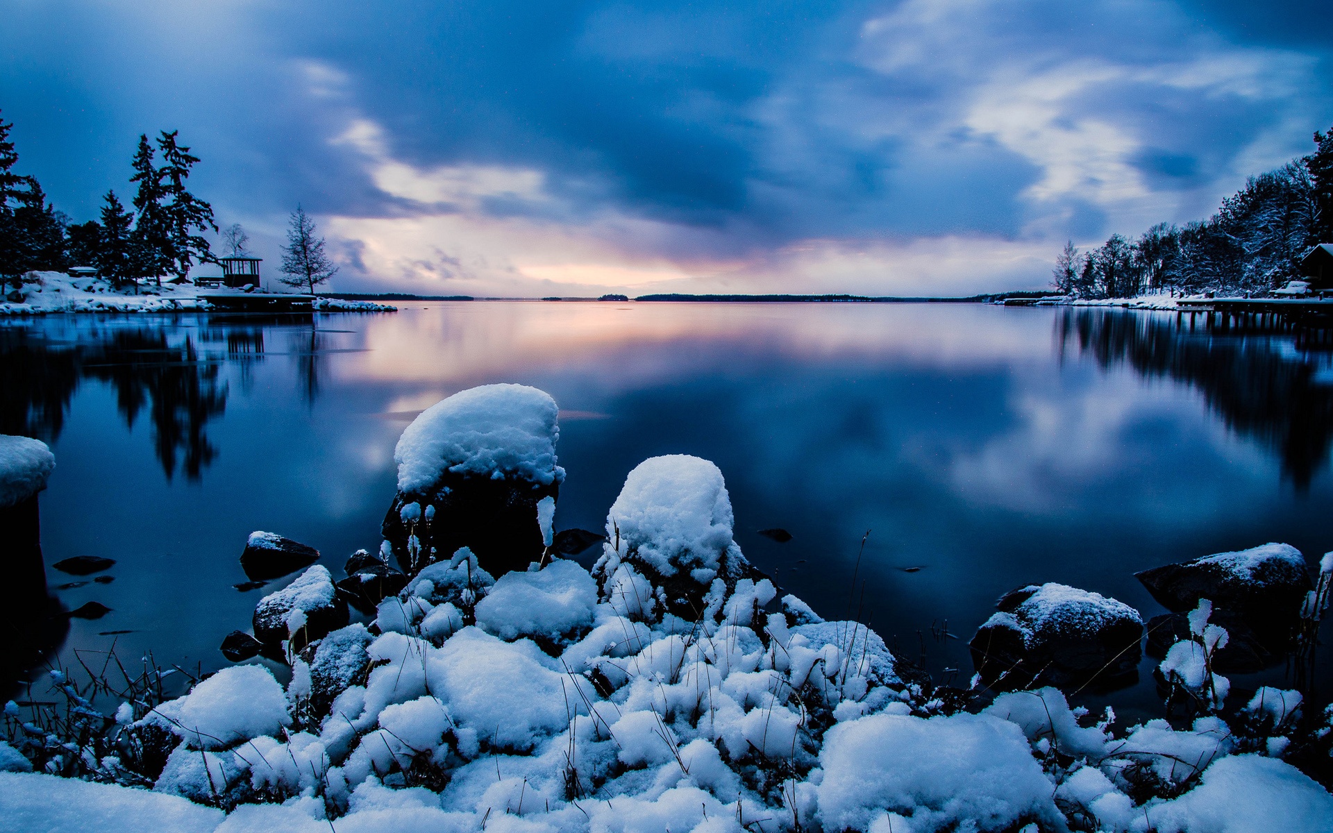 Wallpaper Beautiful night snow, Stockholm, Sweden, calm lake, cold winter, blue sky 1920x1200 HD Picture, Image