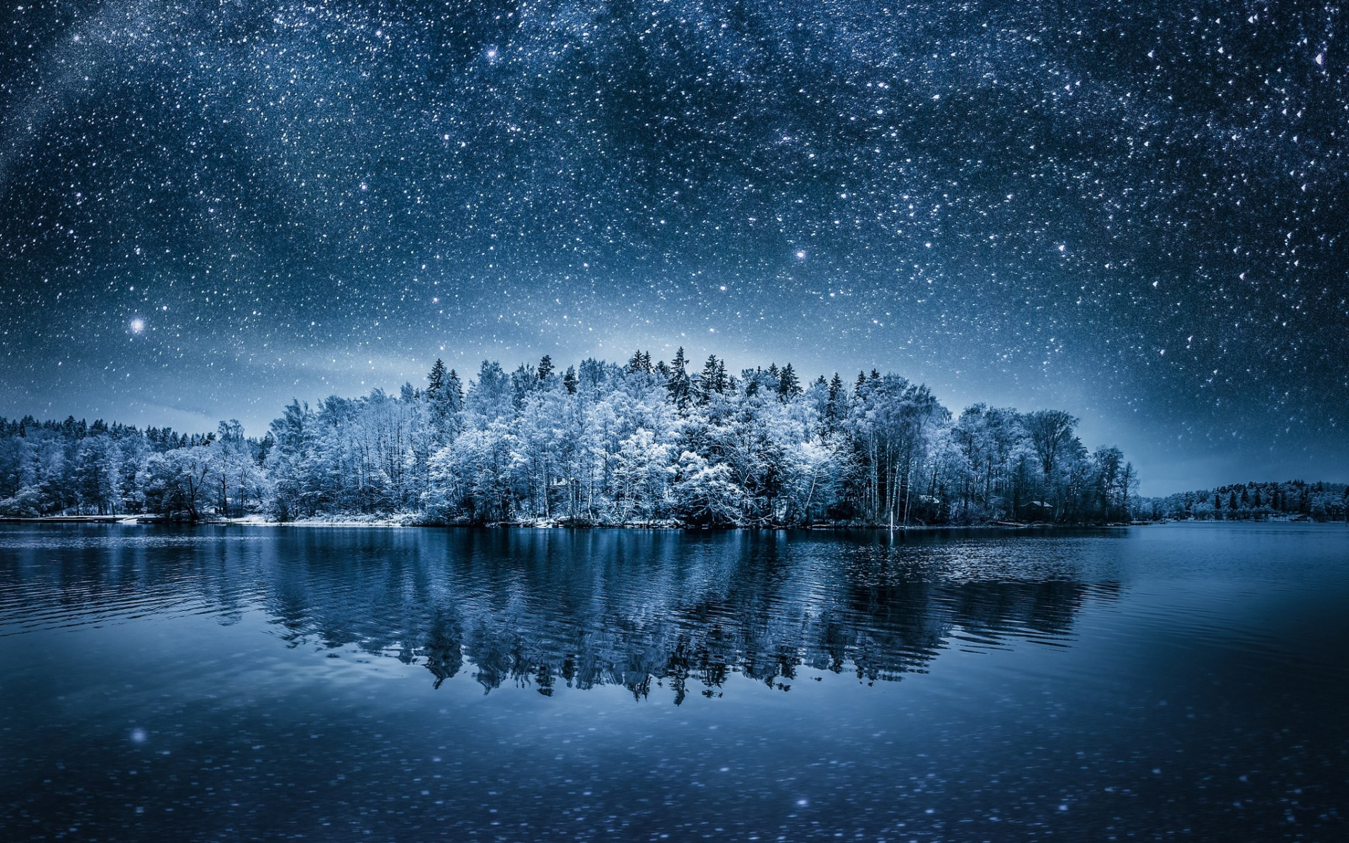 Desktop Wallpaper Lake, Tree, Winter, Reflections, Night, Nature, Lake, Sky, Stars, HD Image, Picture, Background, Rklzu