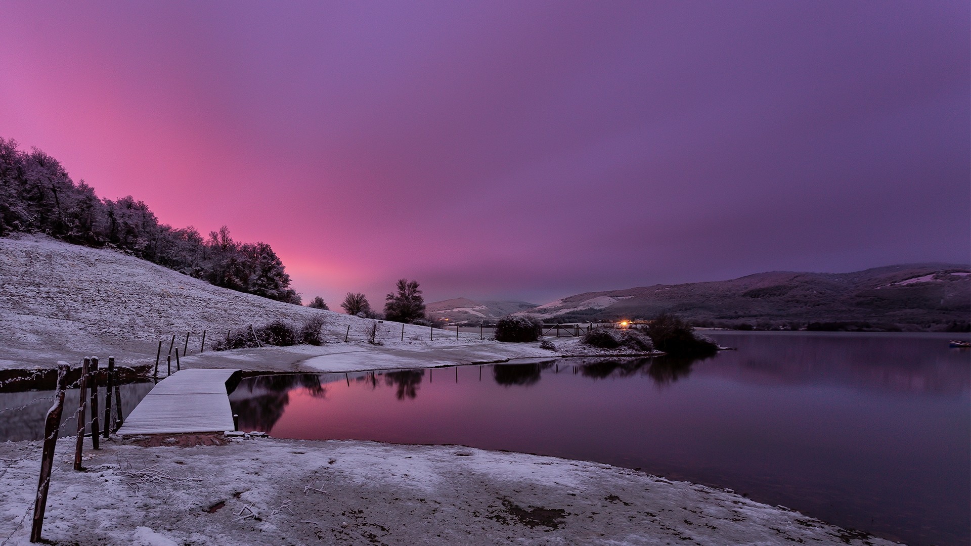 Wallpaper, trees, landscape, lights, sunset, night, lake, water, nature, reflection, snow, winter, long exposure, clouds, sunrise, ice, hills, evening, morning, mist, frost, fence, dusk, Aurora, cloud, mountain, weather, dawn, season, loch