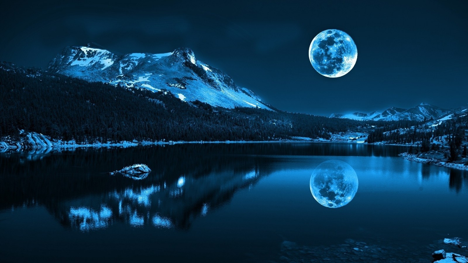 sunlight, trees, landscape, forest, mountains, digital art, night, lake, water, nature, reflection, sky, winter, Earth, Moon, blue, cold, moonlight, atmosphere, pond, light, darkness, computer wallpaper, astronomical object, full moon High quality