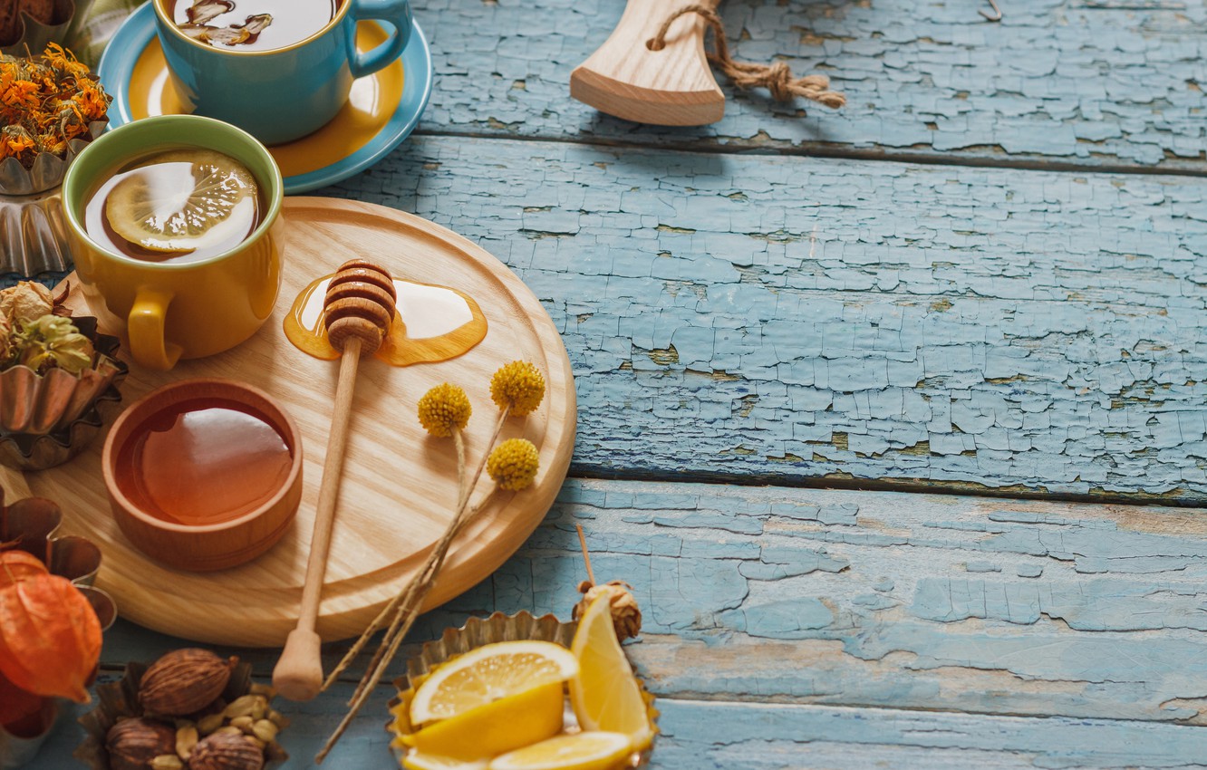 Wallpaper lemon, tea, honey, Cup, lemon, honey, grass, wood, cup, tea, herbal image for desktop, section еда