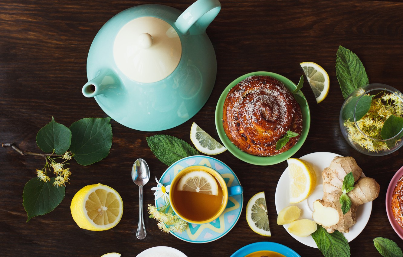 Wallpaper lemon, tea, Cup, lemon, grass, cakes, cup, bun, tea, herbal image for desktop, section еда