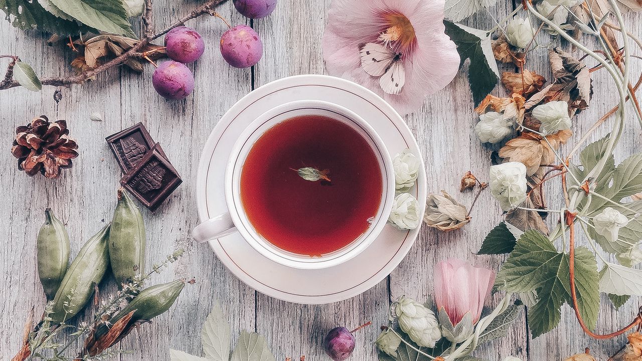 Wallpaper tea, cup, flowers, chocolate, wooden hd, picture, image