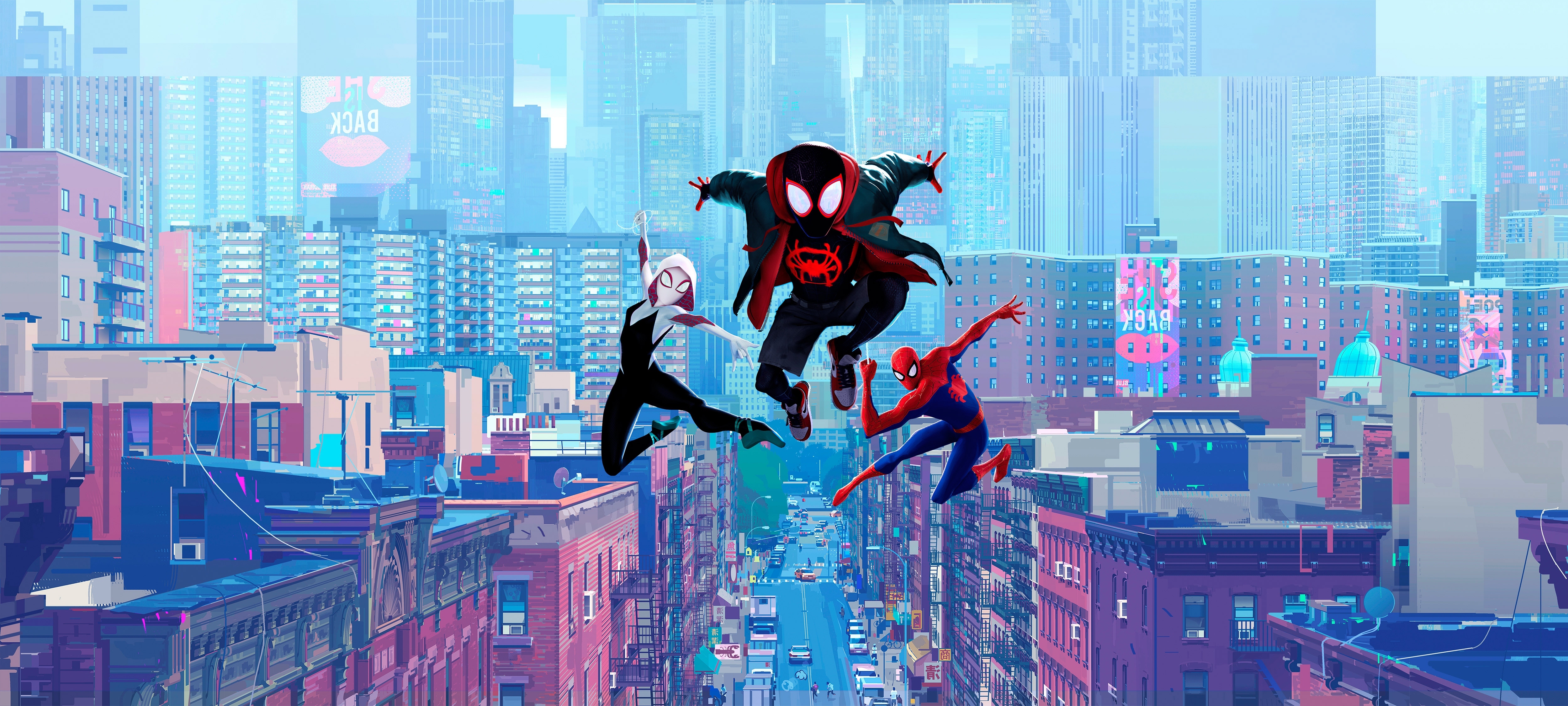 Wallpaper Spider Manː Into The Spider Verse, Buildings, Animation, Miles Morales, Gwen, Jumping:5000x2250