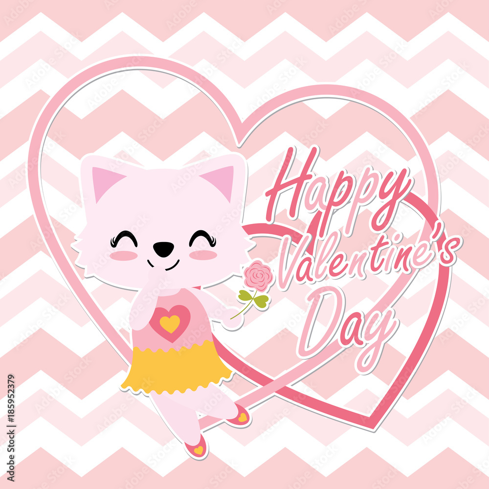 Cute cat girl brings pink rose on love frame vector cartoon illustration for Happy Valentine card design, postcard, and wallpaper Stock Vector