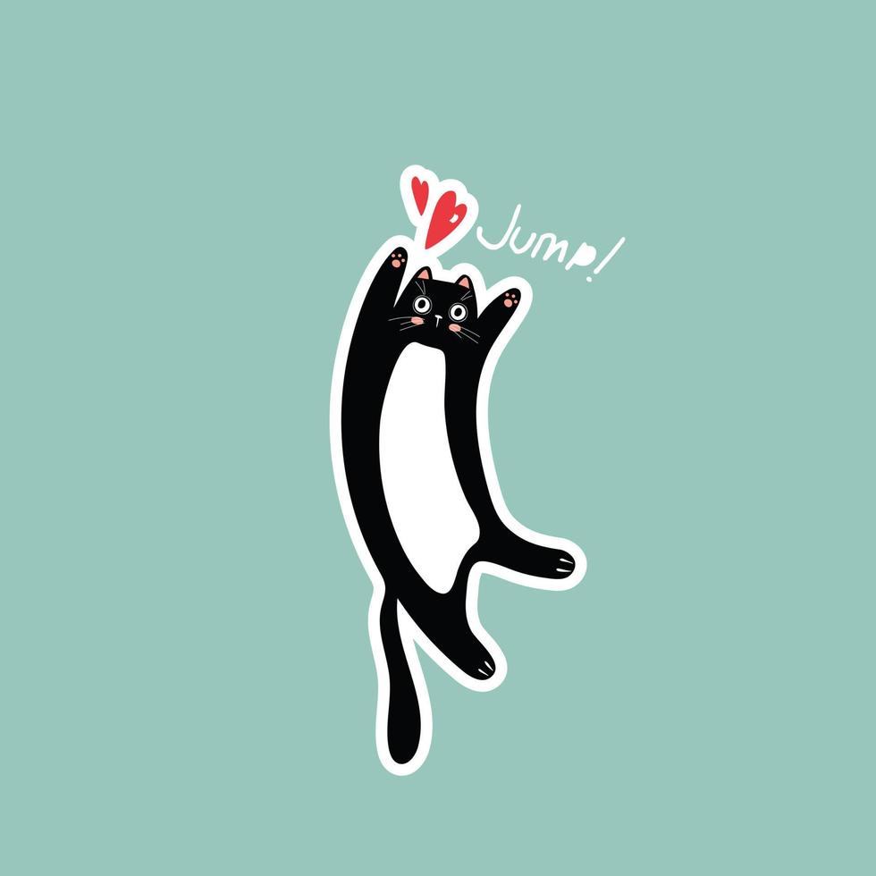 illustration sticker with black cat and red heart on blue background drawing for valentine's day