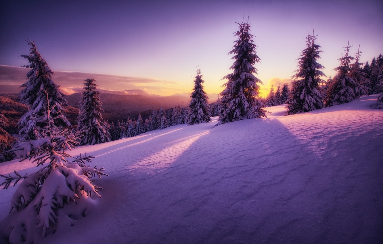 Wallpaper winter, the sky, the sun, light, snow, sunset, mountains, lilac, hills, view, color, height, dal, the evening, ate, slope image for desktop, section пейзажи