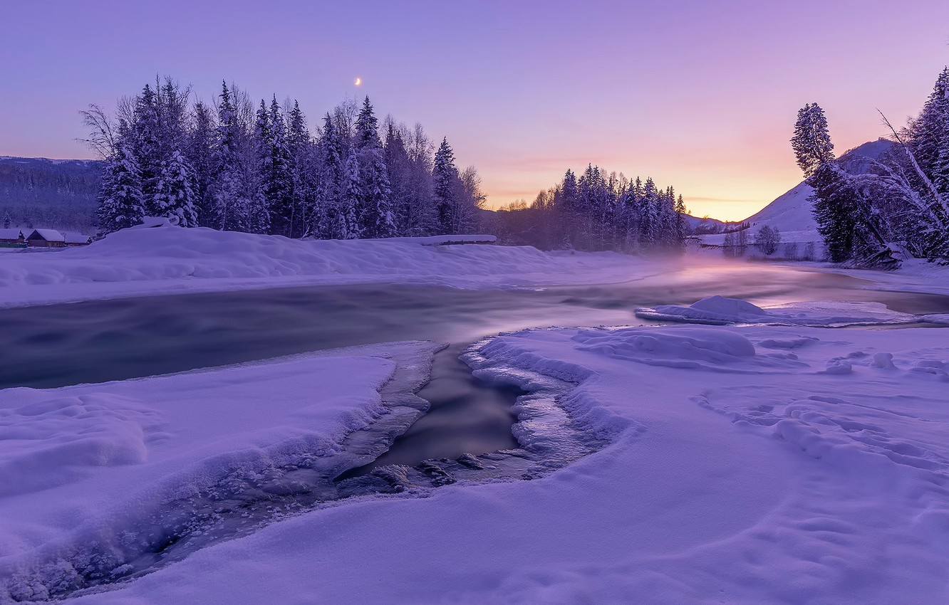 Wallpaper winter, forest, the sky, snow, sunset, nature, river, lilac, hills, the moon, shore, color, the evening, ate, the snow, river image for desktop, section пейзажи