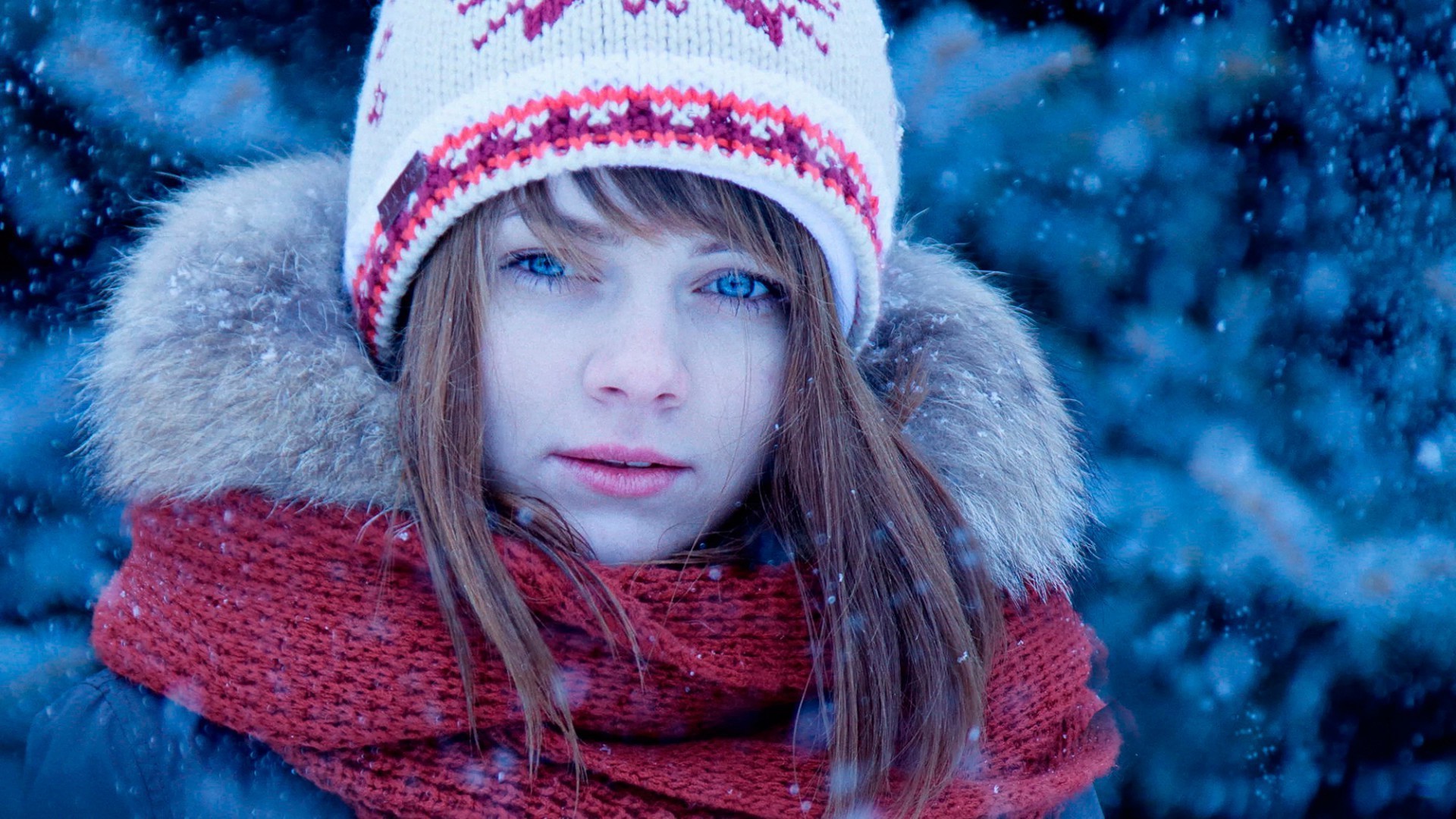 Wallpaper, women, blue eyes, red, snow, winter, color, girl, beauty, season, 1920x1080 px 1920x1080
