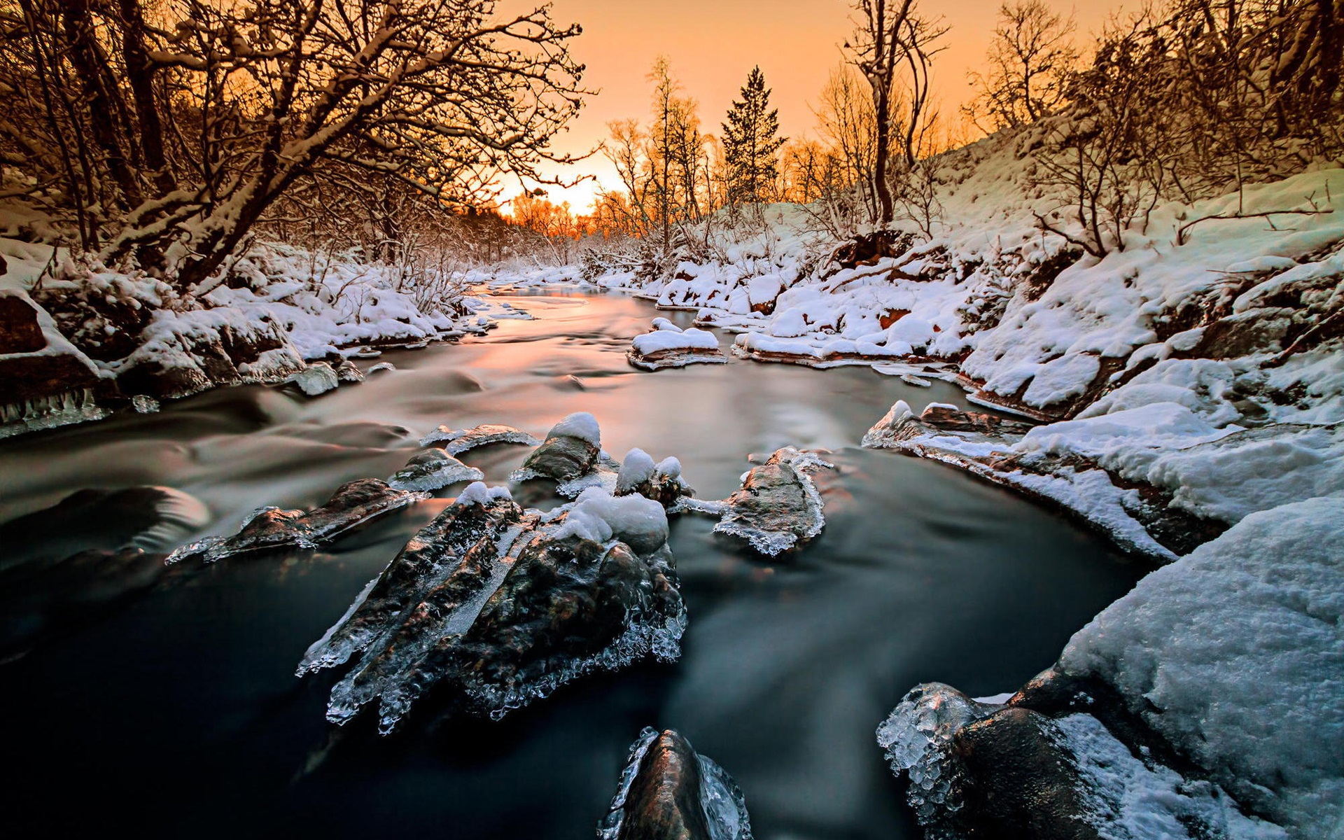 Wallpaper Norway, forest, trees, river, snow, ice, winter, sunset 1920x1200 HD Picture, Image