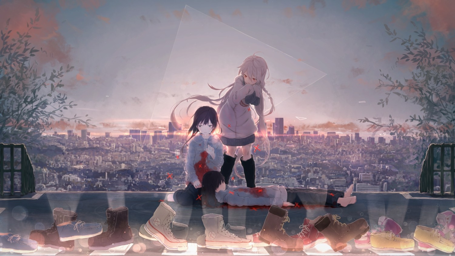 Wallpaper, anime girls, evening, morning, fire, blood, stage, screenshot, musical theatre, performance art 1500x843
