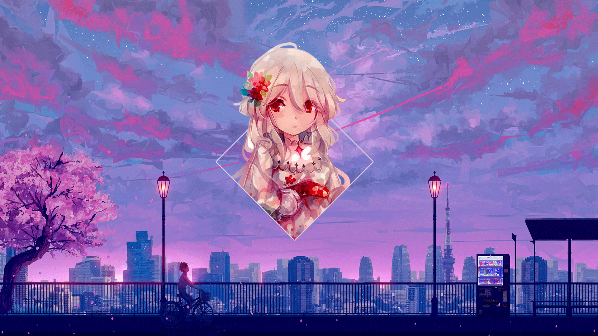 Wallpaper, anime girls, anime landscape, Photohop, digital art, picture in picture, sky, afternoon 1920x1080