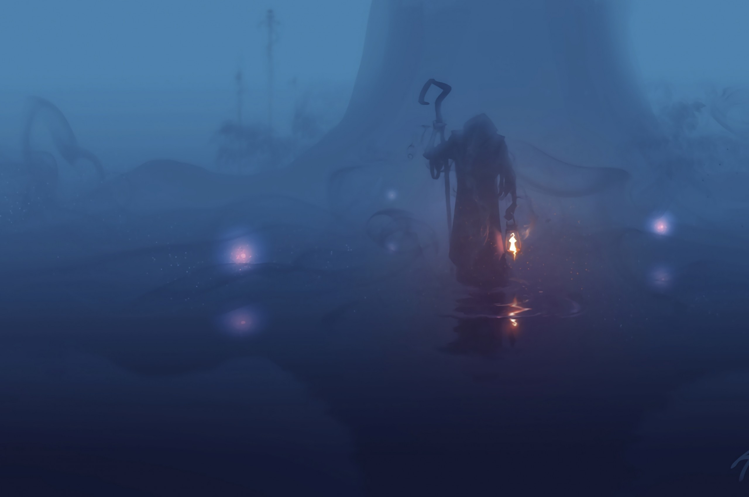 Download 2560x1700 Wanderer, Magic, Lamp, Staff, Fog, Tree, Water, Reflection Wallpaper for Chromebook Pixel