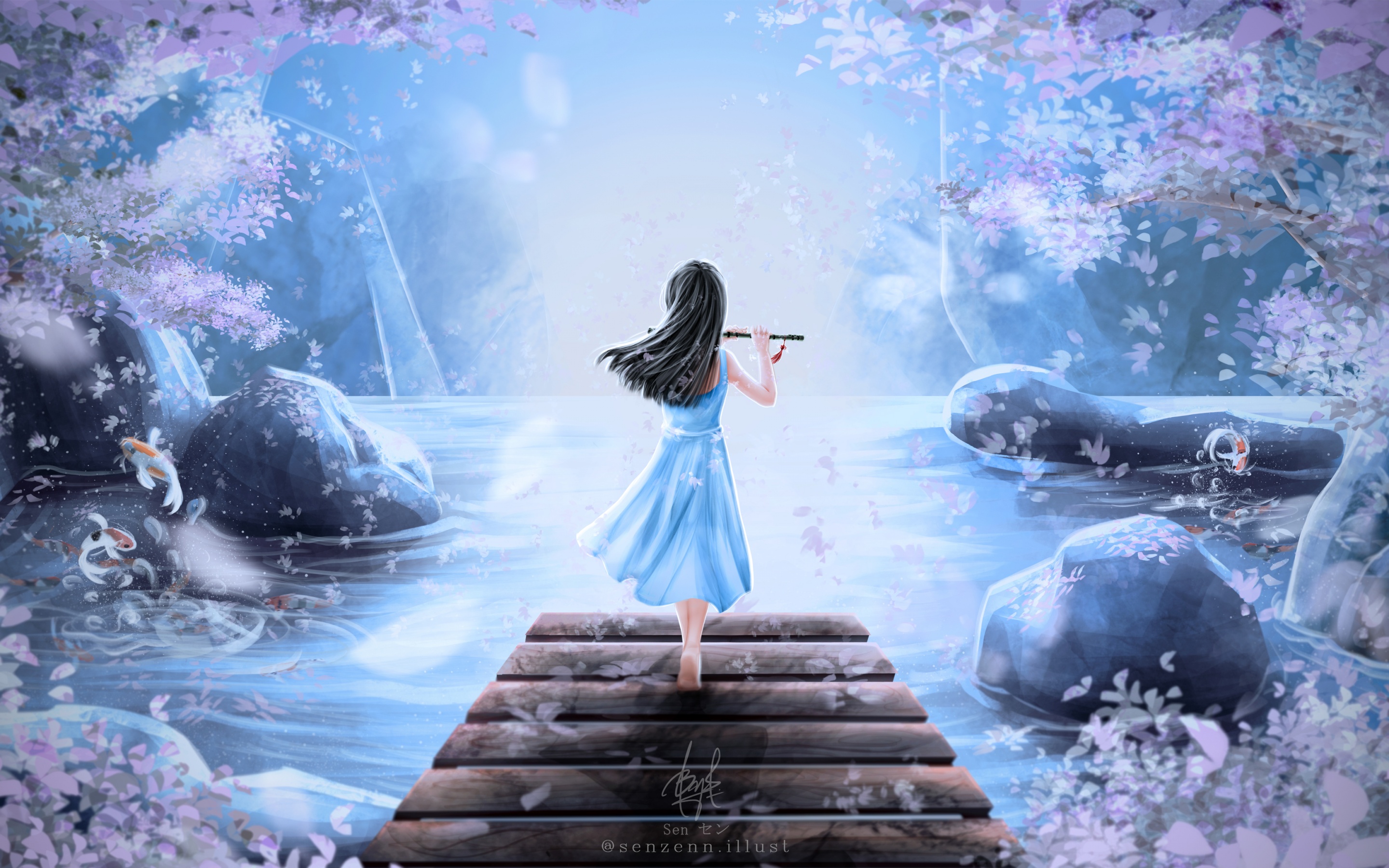 Girly Wallpaper 4K, Dream, Girl playing flute, Surreal, Spring, Fantasy