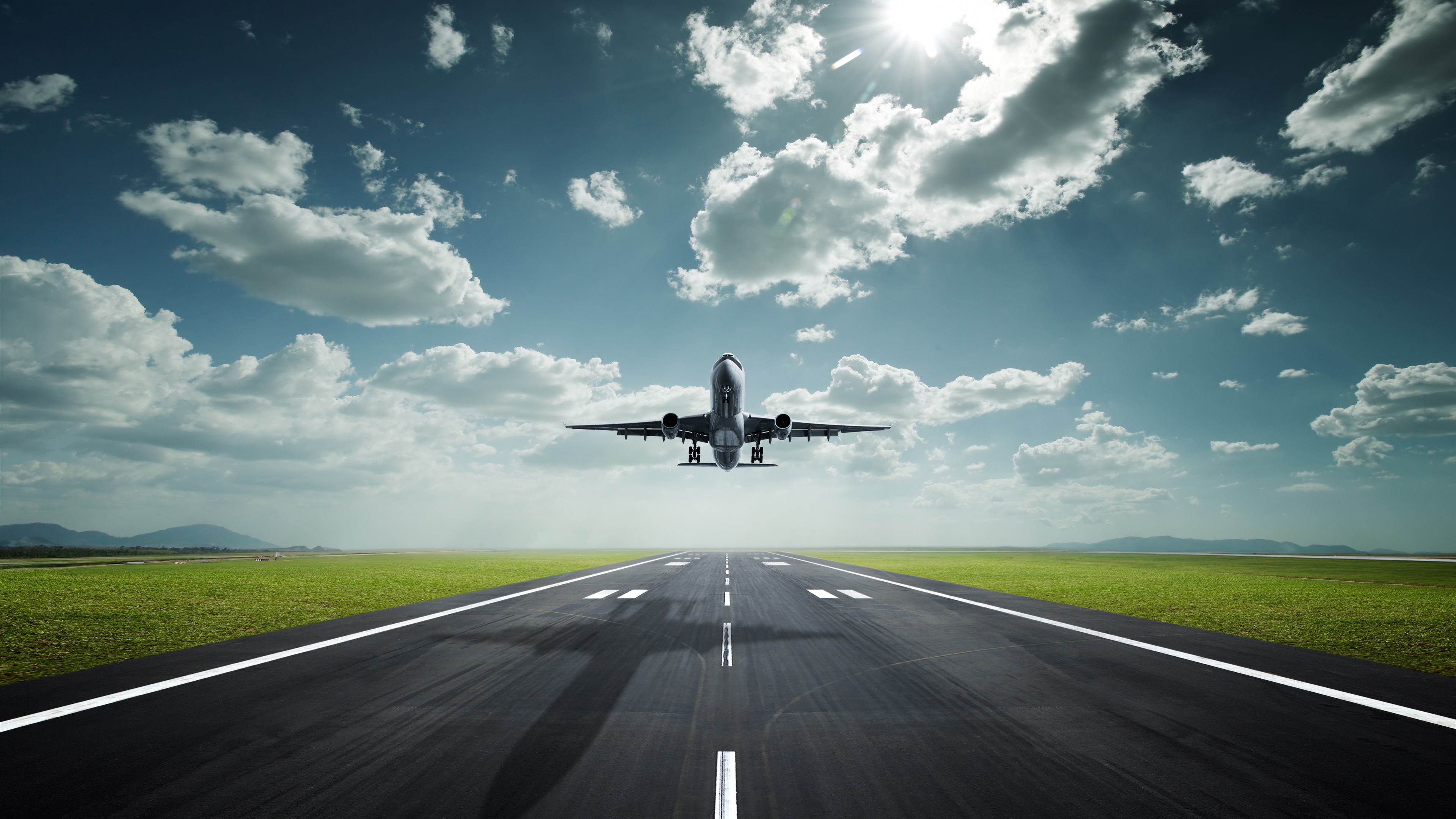 Wallpaper Passenger plane take off, airport, road, clouds, sun 3840x2160 UHD 4K Picture, Image