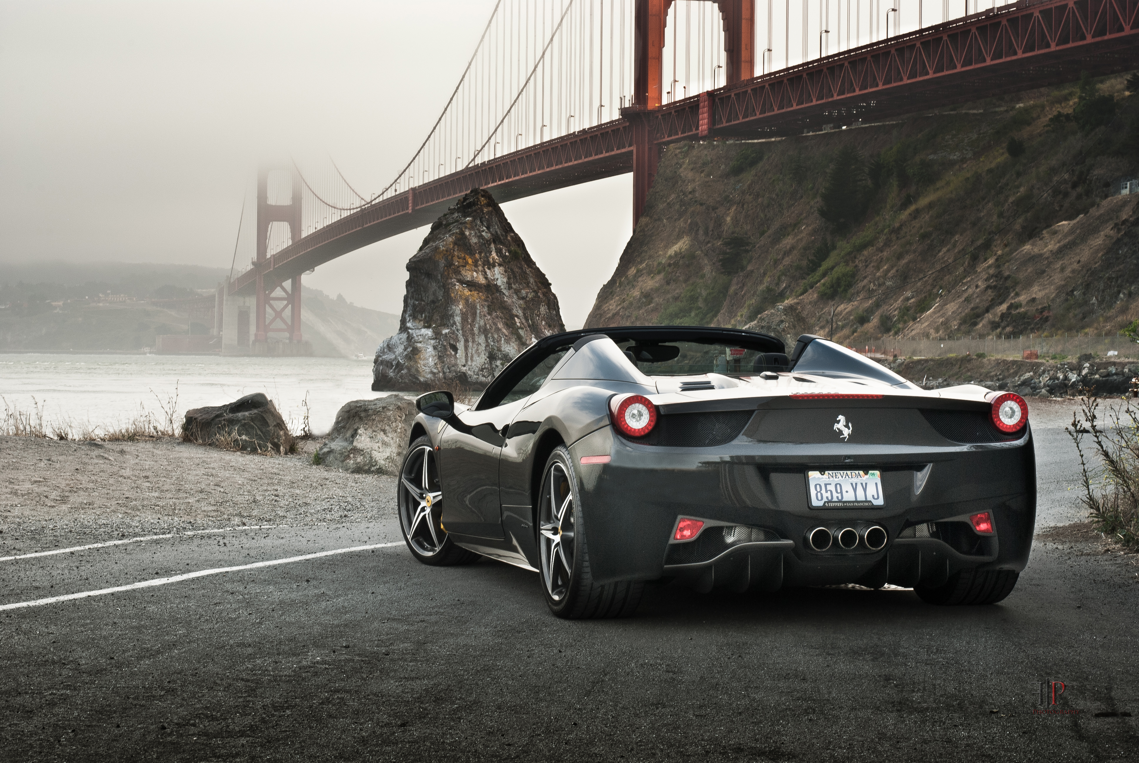 Wallpaper, sf, California, bridge, fog, golden, spider, gate, San, francisco, automotive, Ferrari, Spyder, gil, 458, folk photography 3872x2592