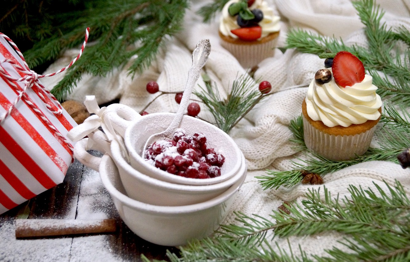 Wallpaper winter, berries, holiday, Christmas, New year, cream, decor, cupcakes, powdered sugar, cranberry image for desktop, section новый год