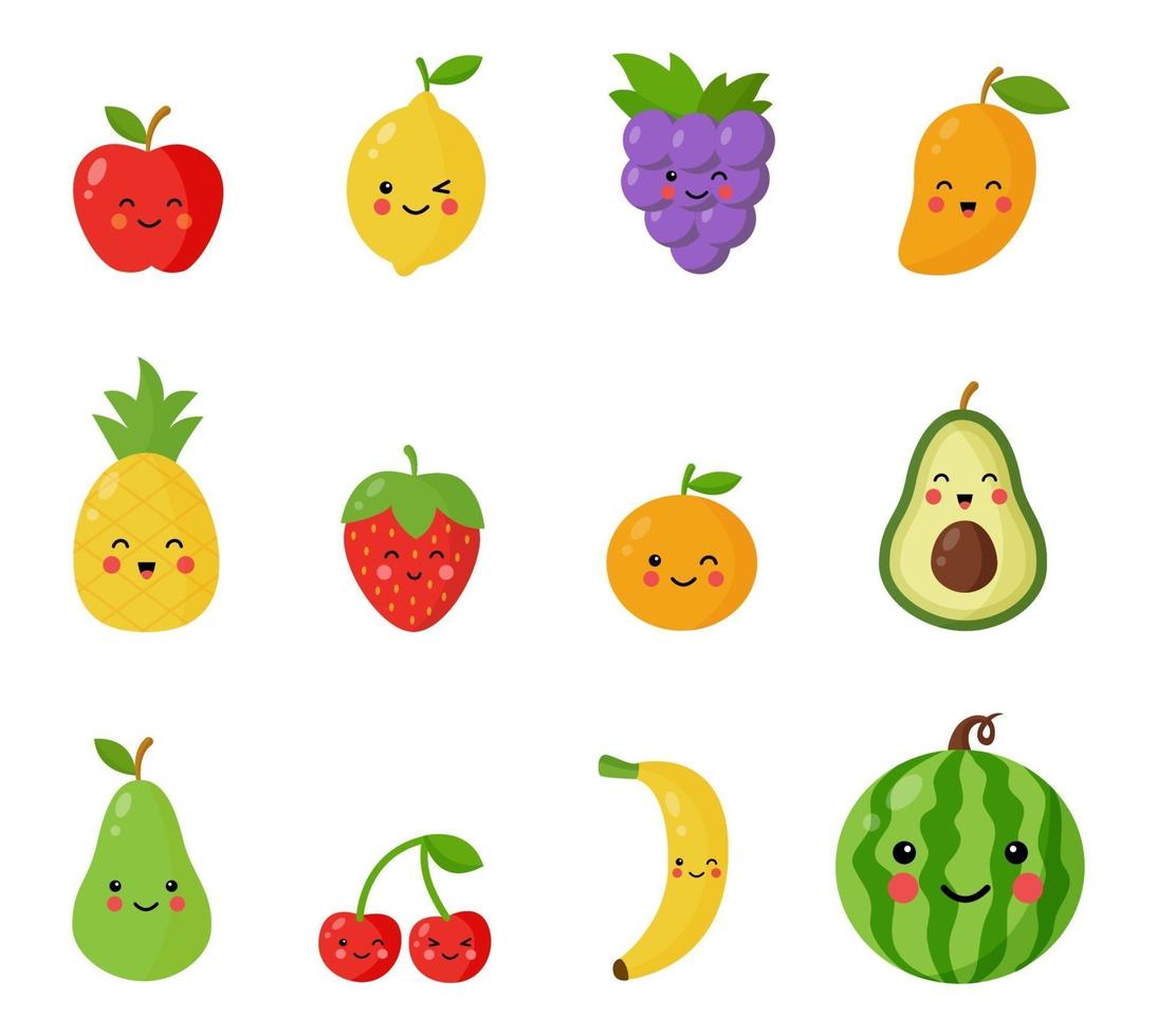 Set of cute and happy kawaii fruits and berries