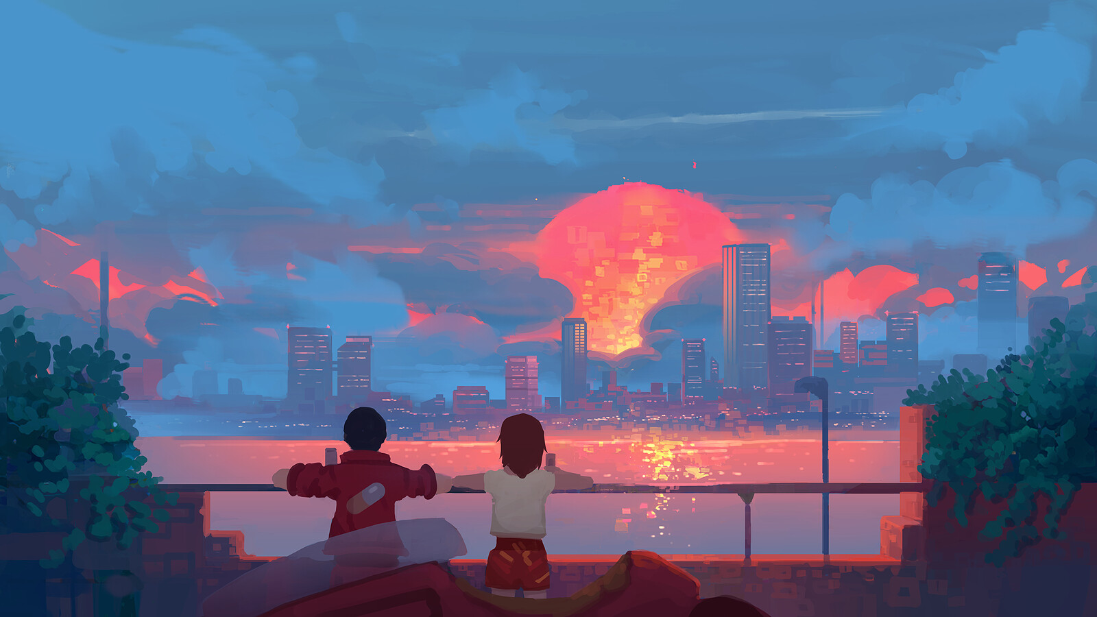 Wallpaper, Akira, motorcycle, city, anime, sunset, water 1600x900