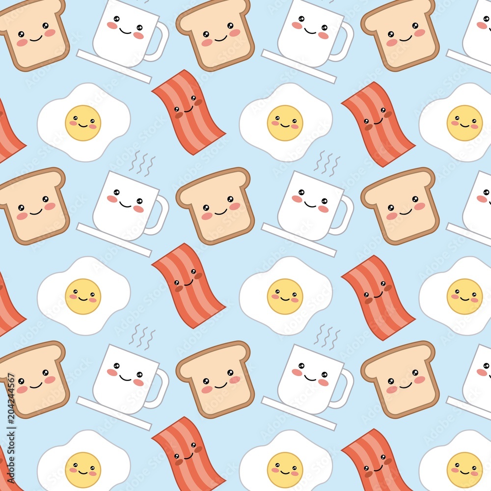 kawaii breakfast bacon bread egg cartoon background vector illustration Stock Vector