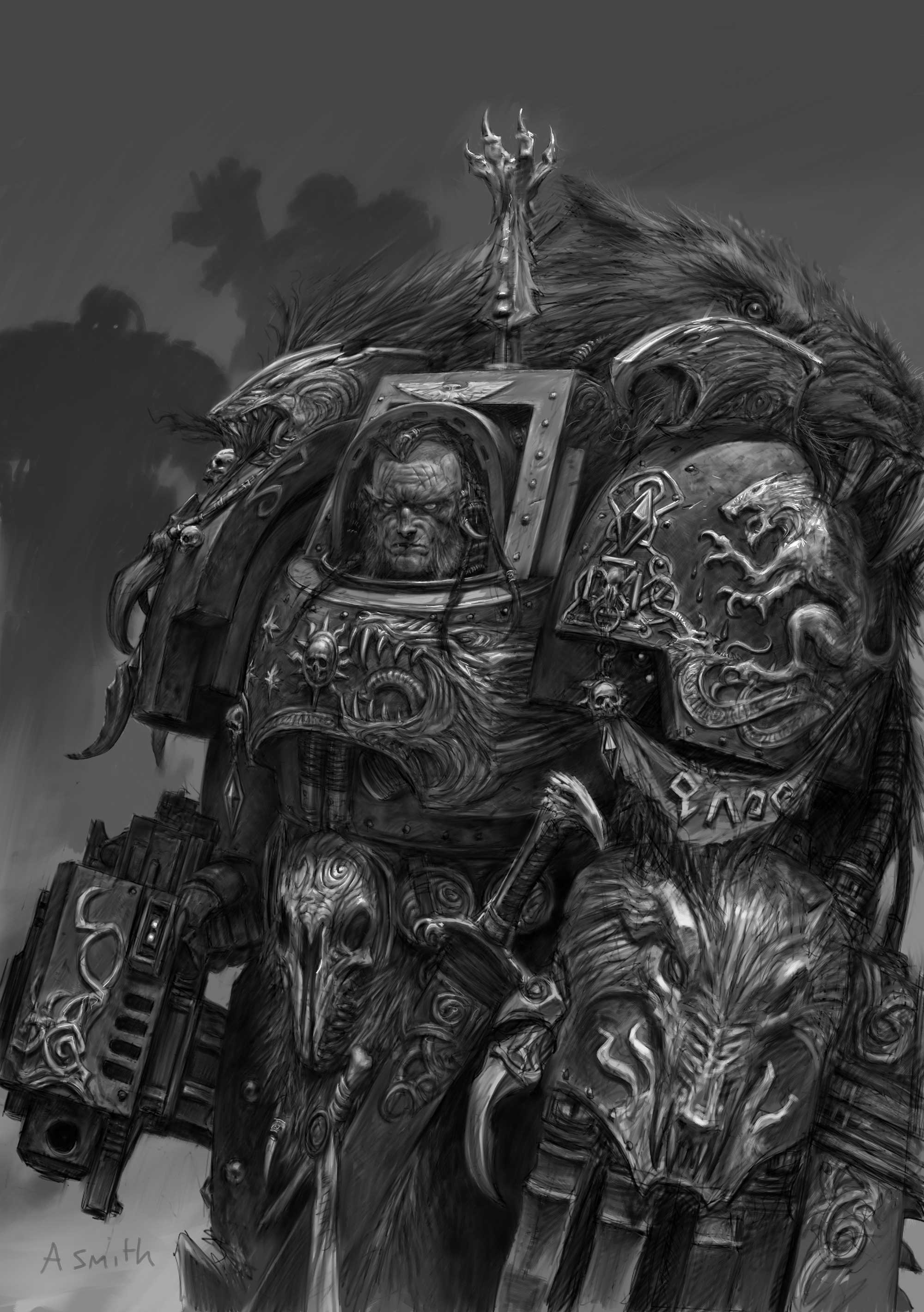 warhammer 40k space marine grayscale monochrome concept art adrian smith space wolf 2000x2840 wal