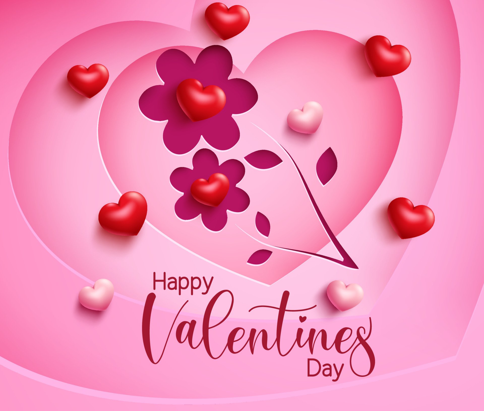 Valentines flower vector background design. Happy valentine's day text with paper cut flowers shape and 3D heart element for sweet and cute valentine greeting design. Vector illustration
