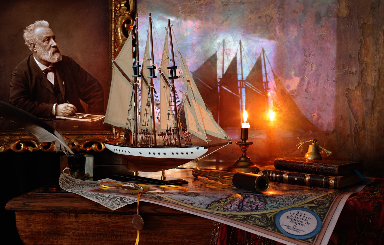 Wallpaper ship, books, candle, sailboat, picture, Jules Verne image for desktop, section стиль