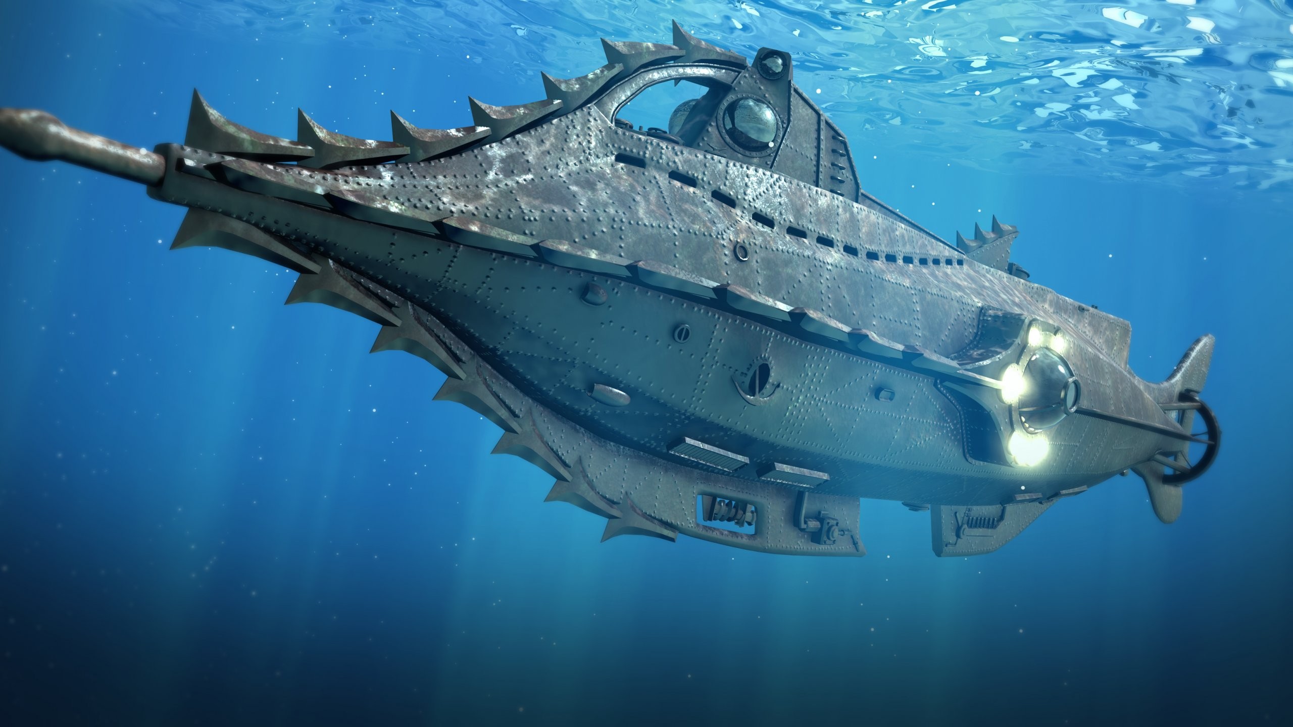 Jules Verne, Digital art, Fantasy art, Underwater, Submarine, Sea, Sun rays, Blue, 20000 Leagues Under the Sea Wallpaper HD / Desktop and Mobile Background