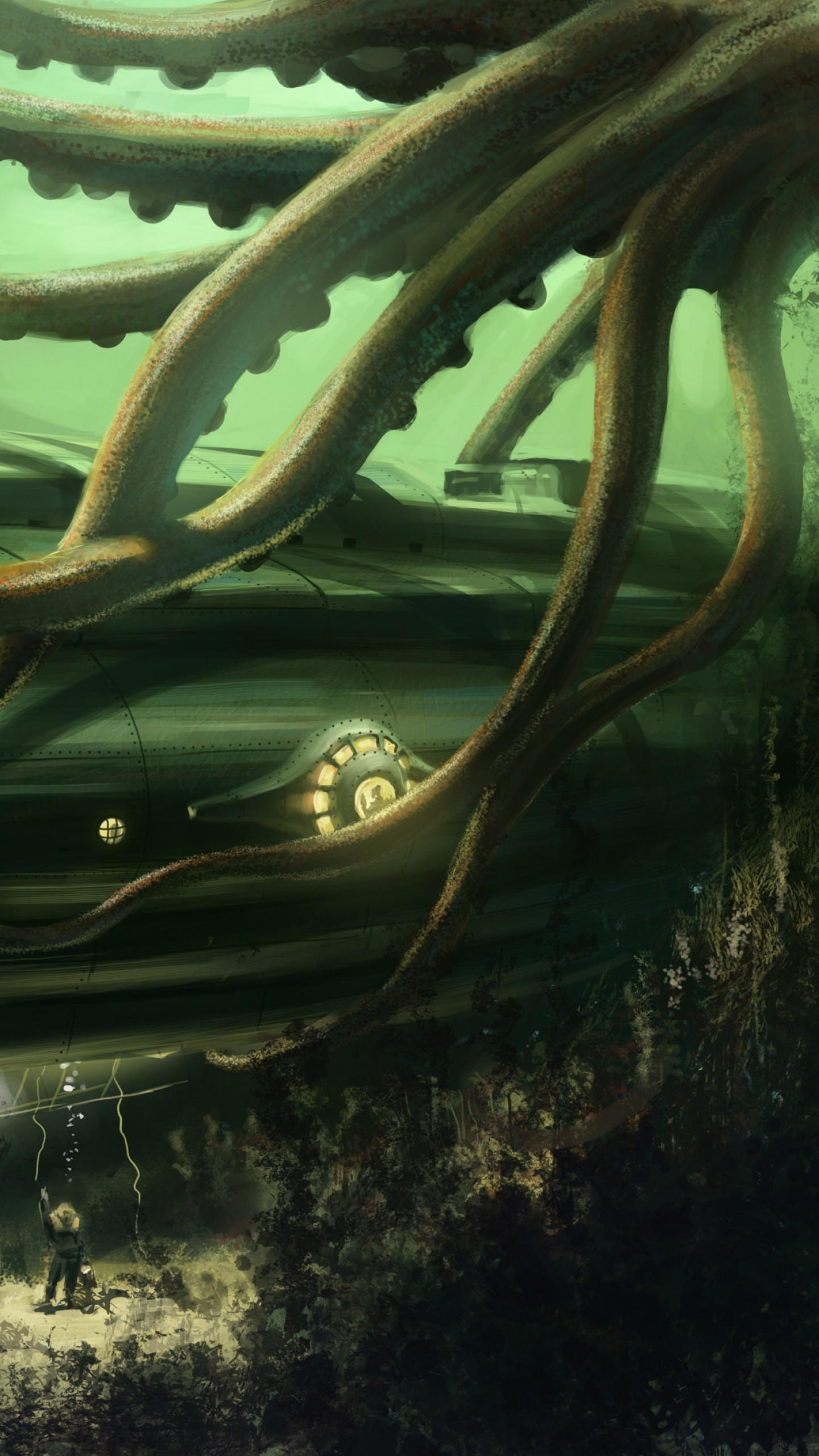 Wallpaper Octopus, Nautilus, Jules Verne, bottom, ocean, boat. Underwater, ocean, sea, water, art, green, Animals