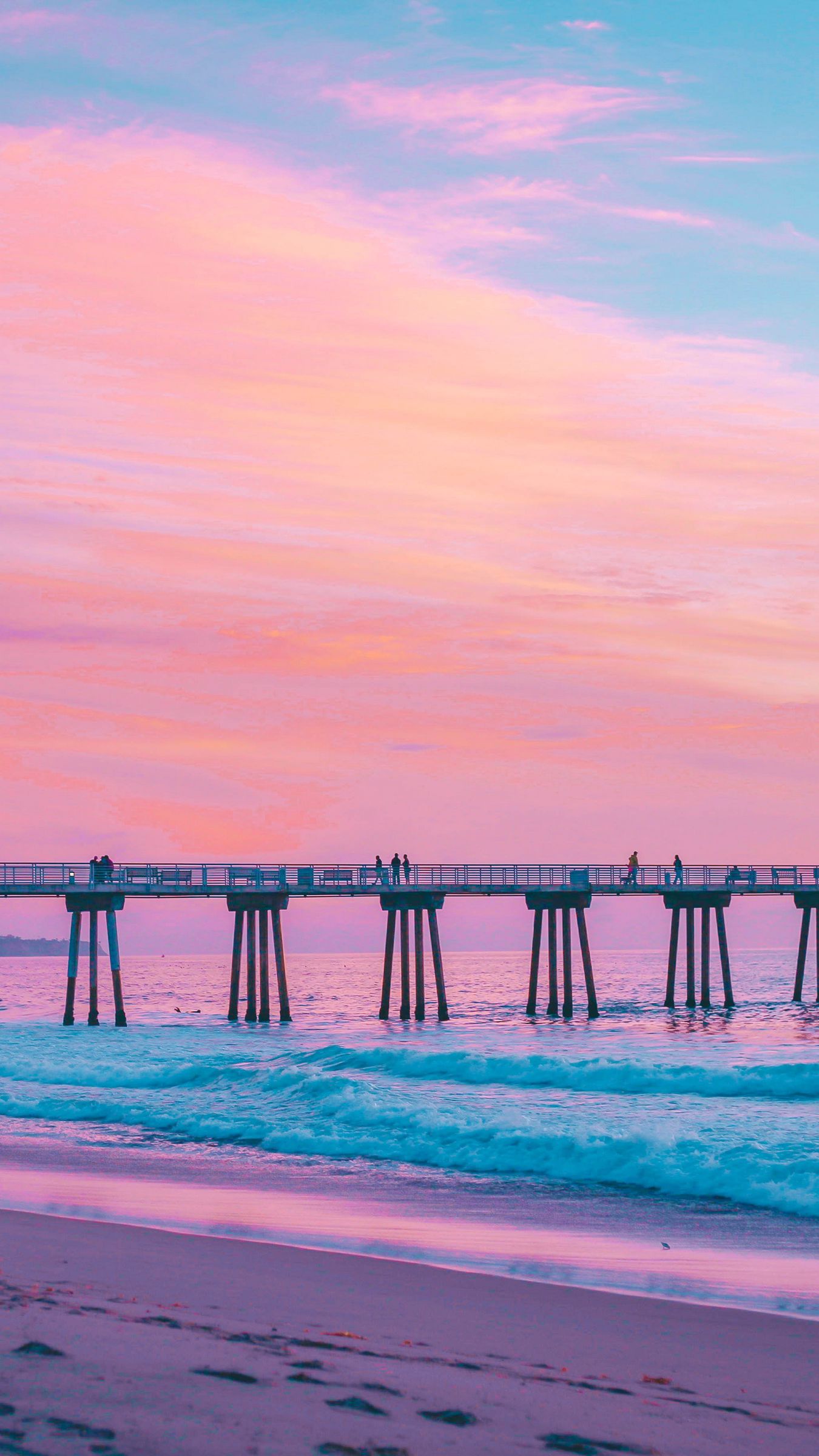 Download wallpaper 1350x2400 pier, sea, surf, pink, hermosa beach, california iphone 8+/7+/6s+/for parallax HD background