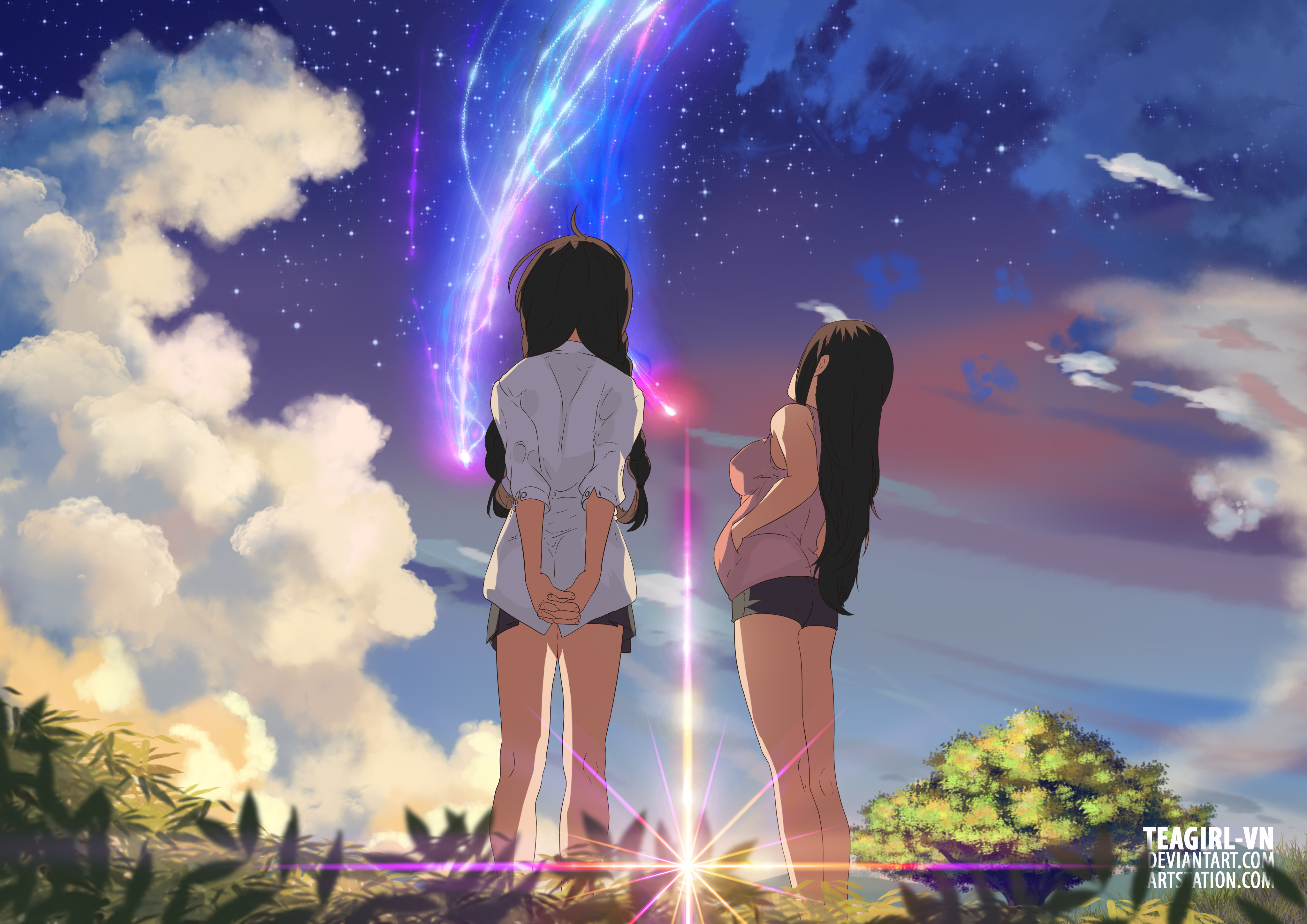 Two girls looking at a sky. 4k Ultra HD Wallpaper