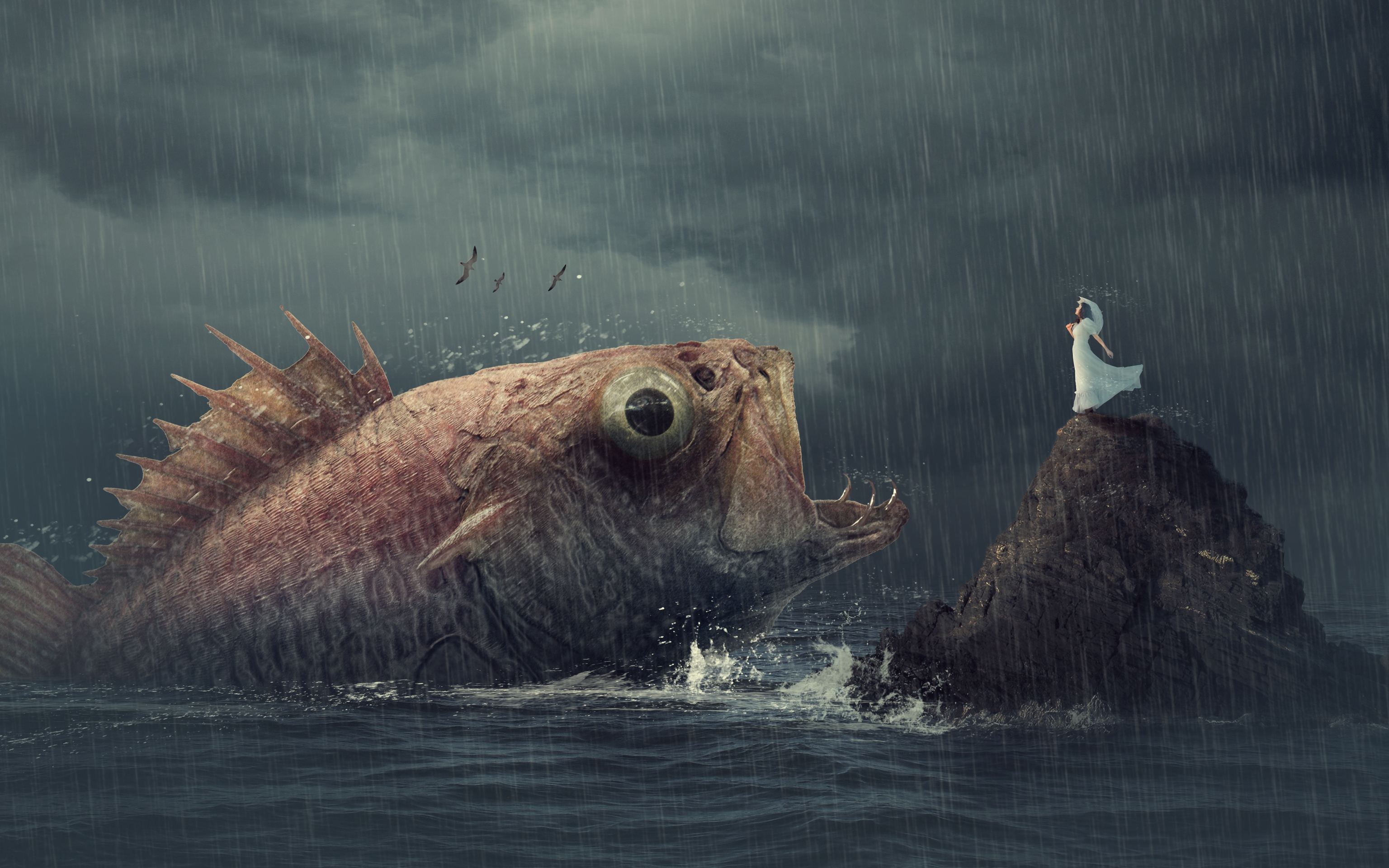 Download 3072x1920 Titan Fish, Woman, Raining, Ocean, Rock, Birds, Dark Clouds Wallpaper
