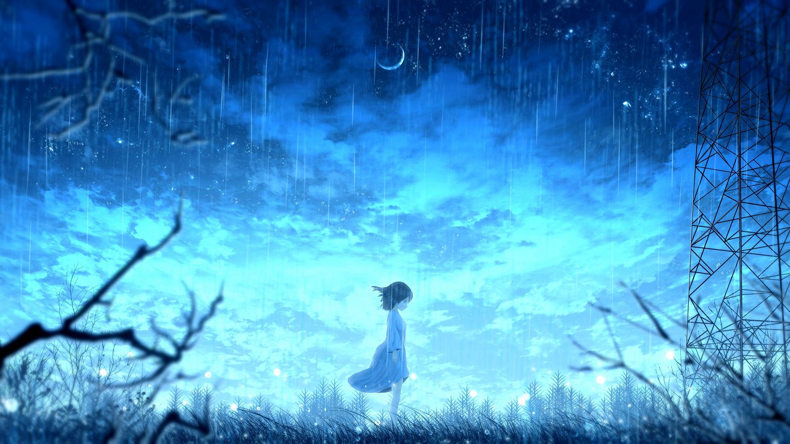 Download wallpaper 1600x900 girl, rain, anime, light, bright widescreen 16:9 HD background