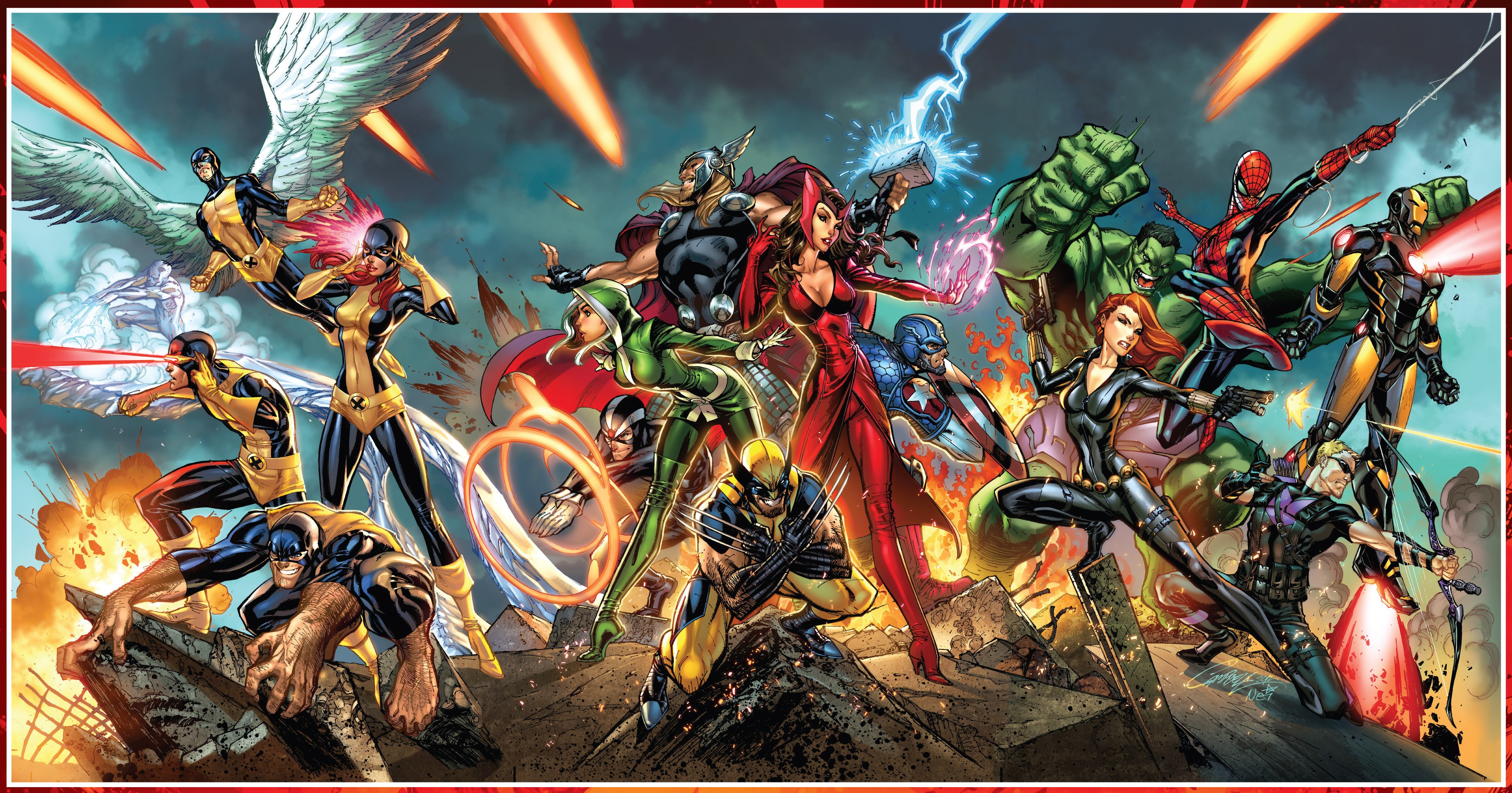Wallpaper, Thor, Wolverine, Marvel Comics, Iron Man, X Men, Hulk, Scarlet Witch, Captain America, The Avengers, Spider Man, comics, mythology, Cyclops, Rogue character, Hawkeye, Uncanny Avengers, screenshot, warlord, pc game, comic