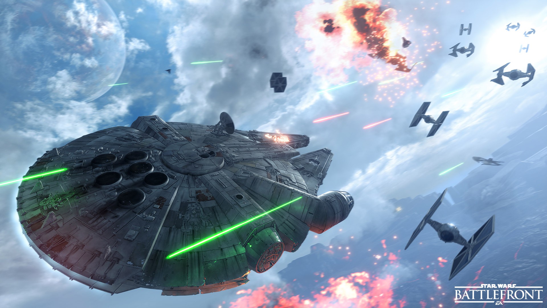 Wallpaper, video games, Earth, TIE Fighter, Millennium Falcon, Star Wars Battlefront, screenshot, computer wallpaper, atmosphere of earth, outer space 1920x1080