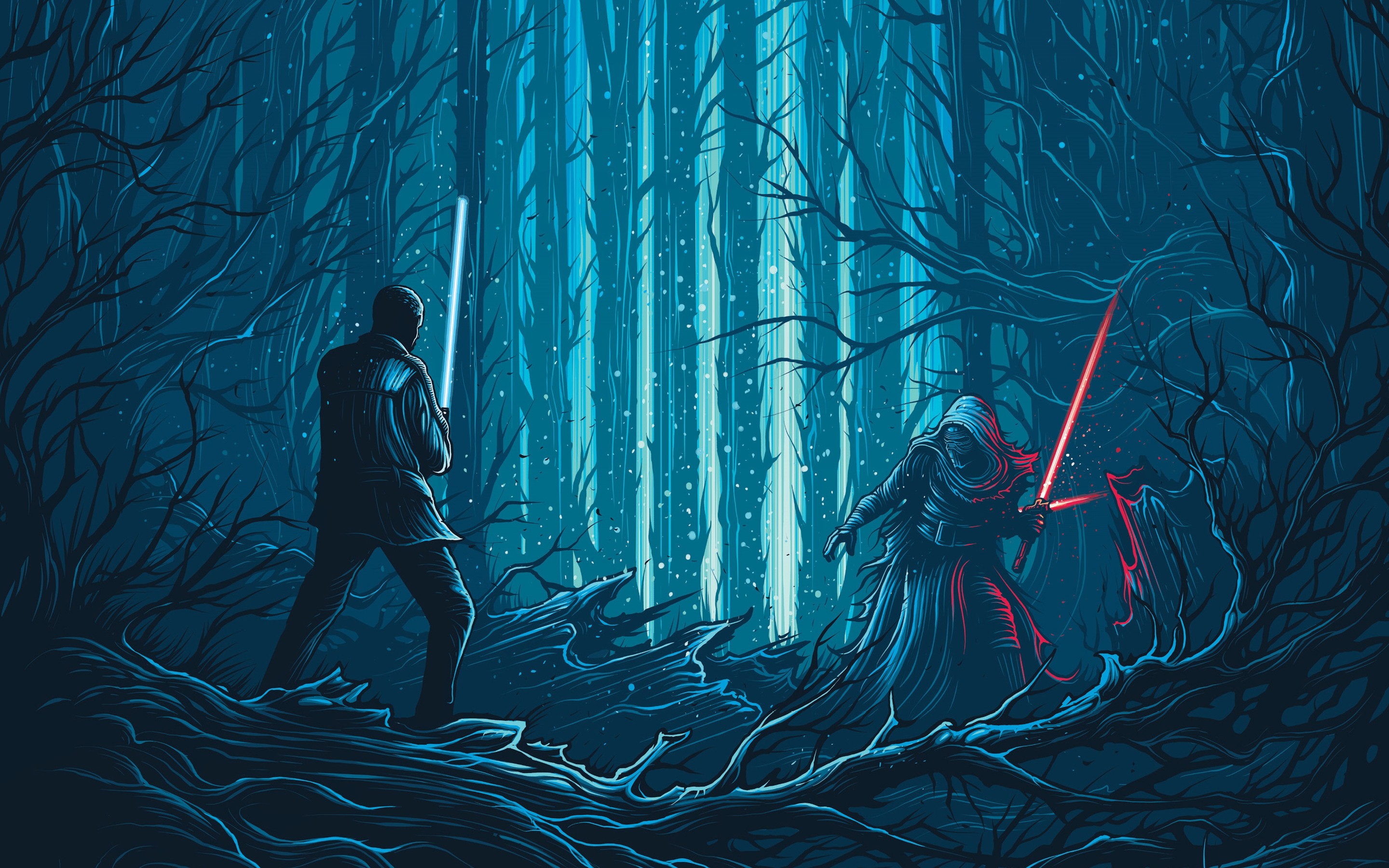 Wallpaper, illustration, Star Wars, artwork, movies, blue, science fiction, concept art, lightsaber, underwater, Star Wars The Force Awakens, Kylo Ren, Dan Mumford, darkness, screenshot, computer wallpaper 2880x1800