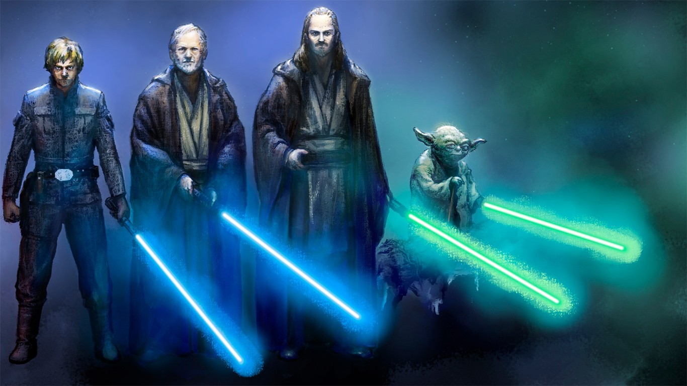 drawing, Star Wars, artwork, lightsaber, Jedi, Yoda, Obi Wan Kenobi, Luke Skywalker, Qui Gon Jinn, screenshot, computer wallpaper, special effects High quality walls