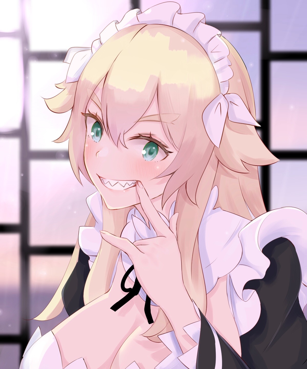 finger in mouth, long hair, big boobs, hair in face, bangs, cleavage, looking at viewer, green eyes, messy hair, blonde, Re:Zero Kara Hajimeru Isekai Seikatsu, 2D, fan art, anime, anime girls, vertical